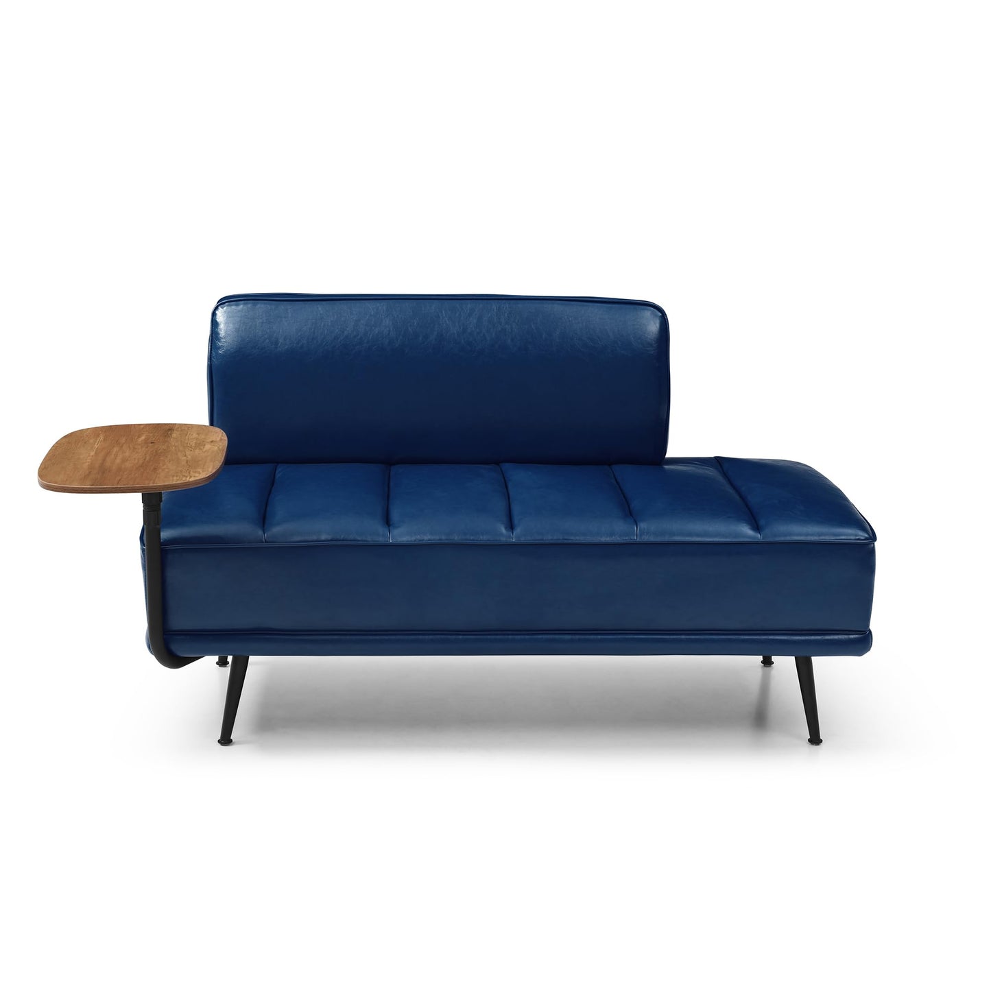 KEIKI Upholstered End of Bed Bench with Side Table & 360° Rotatable Phone Stand, Faux Leather Chaise Lounge Couch for Bedroom or Entryway Seating, Blue