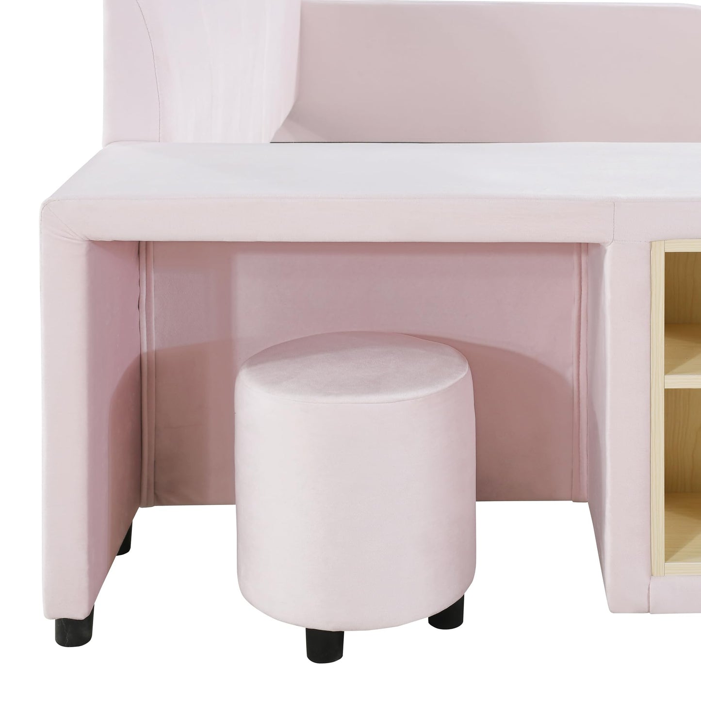 Merax Full Size Velvet Bed Frames Upholstered Grounded Bed, Wooden Mother & Child Bed with Bedside Desk and Little Round Stool,Kids Adults Bedroom Floor Platform Bed,Pink