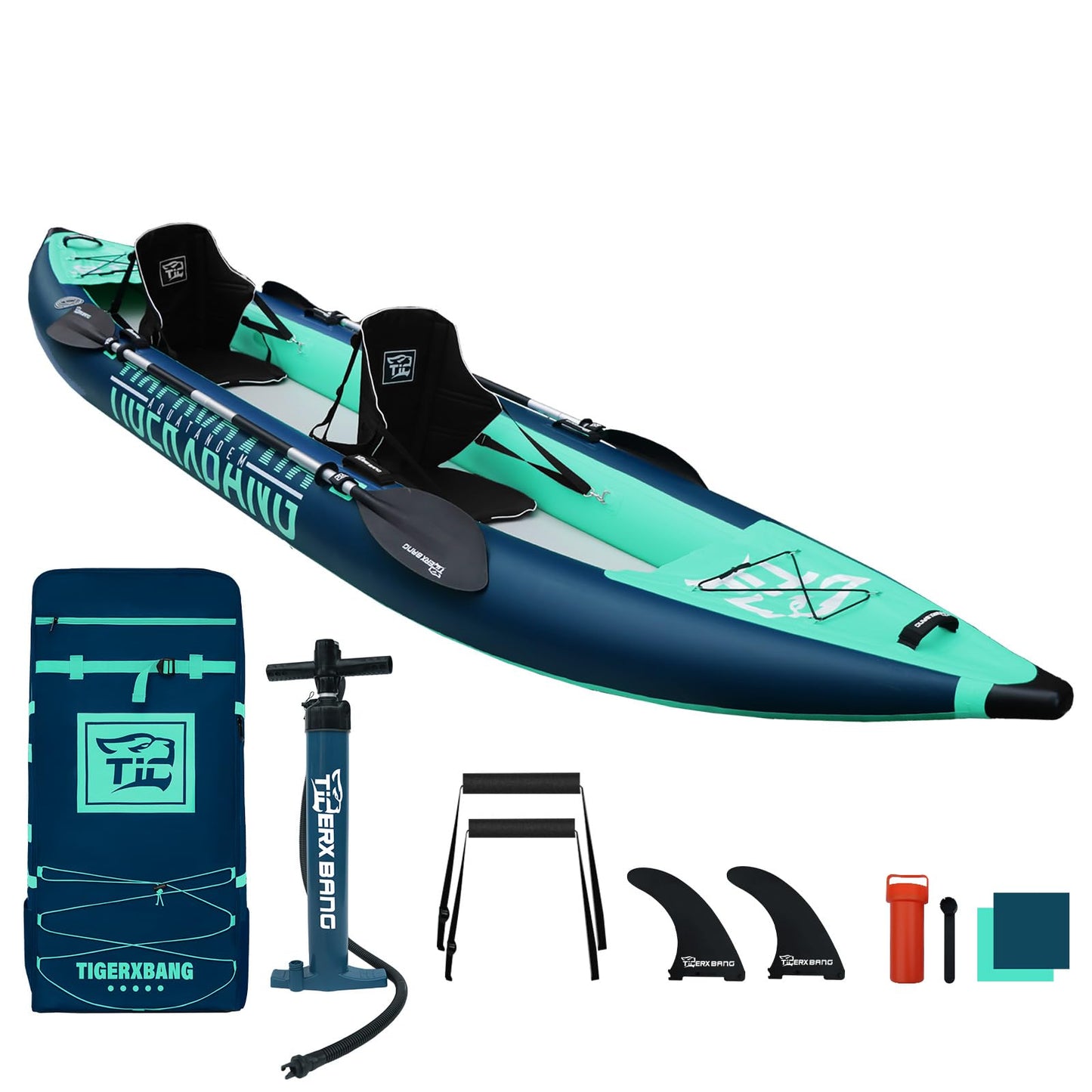 TIGERXBANG 13.8'x37.8''x9.4'' Inflatable 2 Person Kayak, Touring Boat for Adults/Youth, Kayak Set with Removable Seat, Double Paddles, Foot Pedals, Hand Pump and Multifunctional Accessories