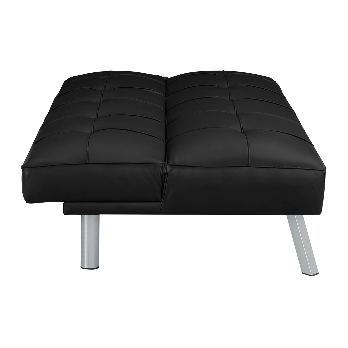 OSP Home Furnishings Kenneth Modern Button Tufted Convertible Click-Clack Futon Sofa Bed, Black Faux Leather with Chrome Legs