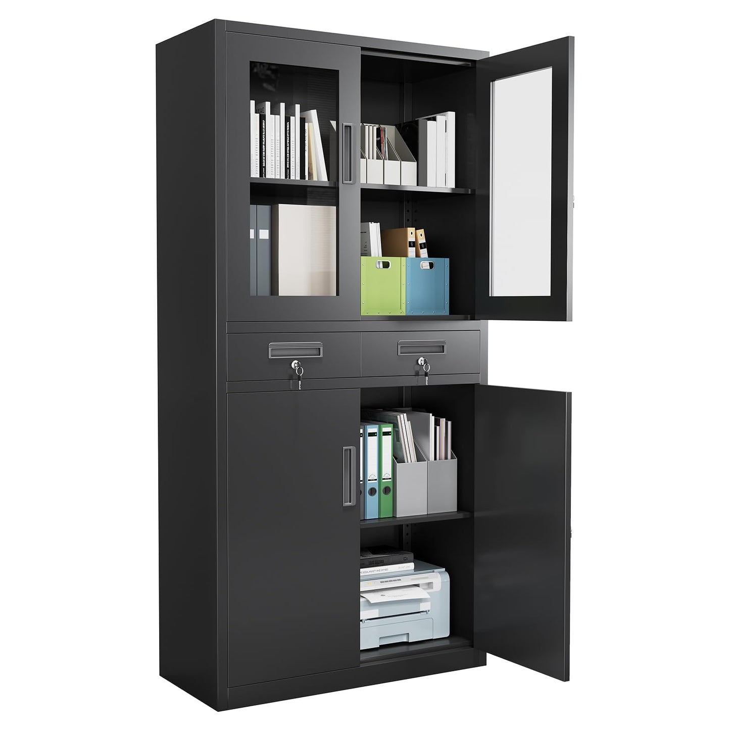 CuisinSmart 71in Heavy Duty Metal Storage Cabinet with Tempered Glass Doors, 2 Lockable Drawers & 2 Adjustable Shelves, Secure Steel Cabinet with Wheels for Garage, Workshop, Office, School, or Home