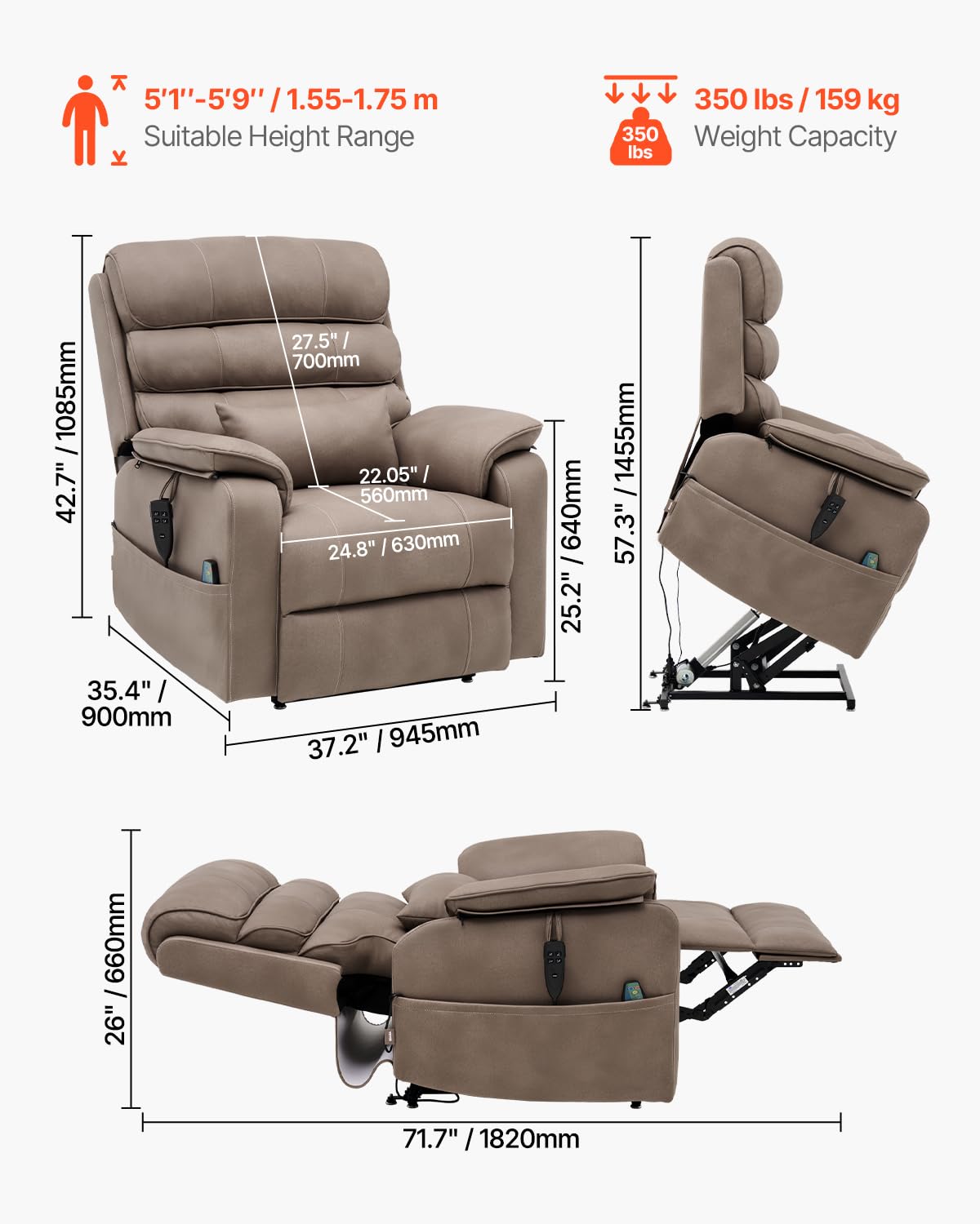 VEVOR Power Lift Recliner Chair, Dual Motor Lift Chair with Heat and Massage for Elderly, Infinite Position Adjustment Electric Recliner with a Cup Holder (Medium-Wide, Light Brown)