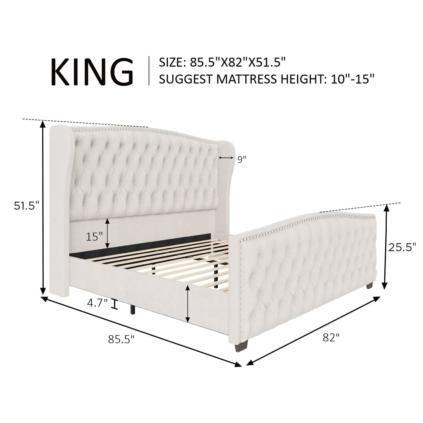 AMERLIFE King Size Platform Bed Frame, Velvet Upholstered Bed with Deep Button Tufted & Nailhead Trim Wingback Headboard/No Box Spring Required/Cream