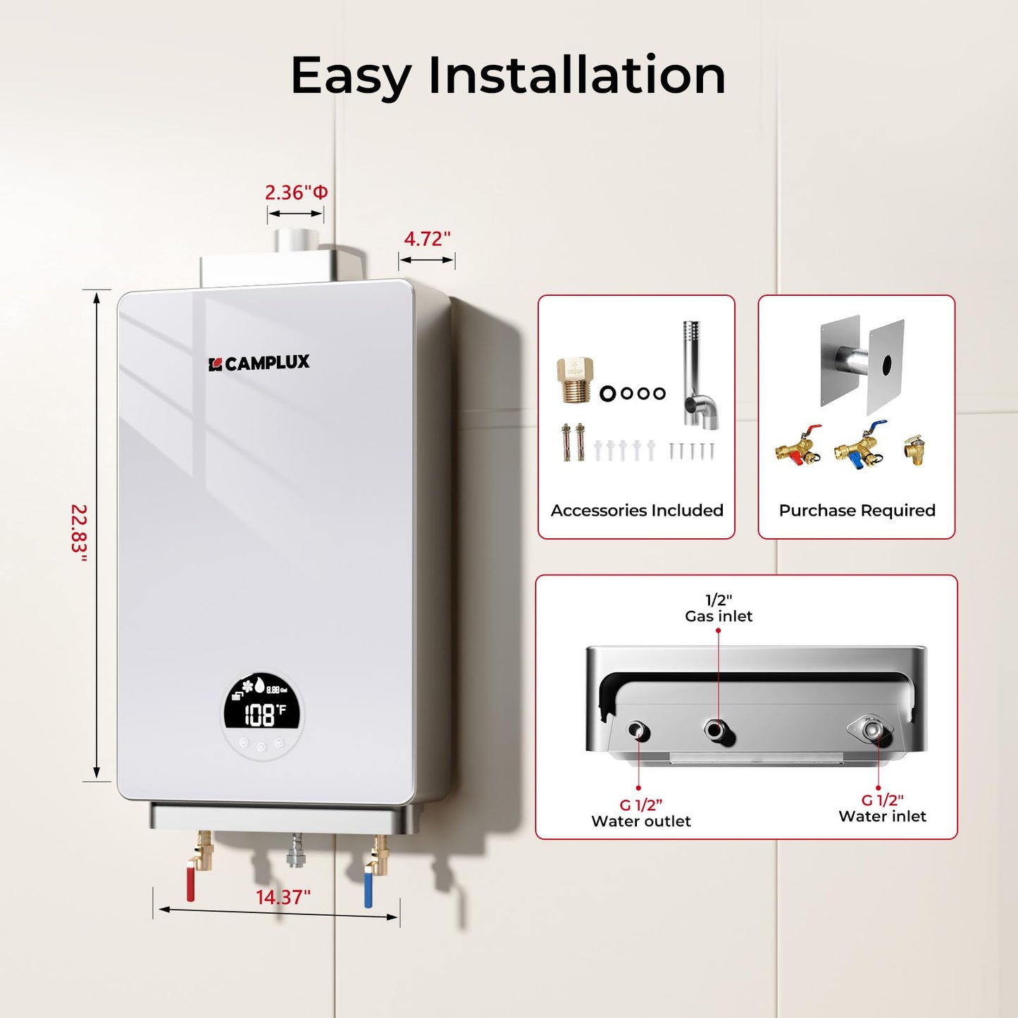 CAMPLUX Tankless Natural Gas Water Heater, 3.18 GPM On Demand Instant Water Heater, 82,000 BTU, White