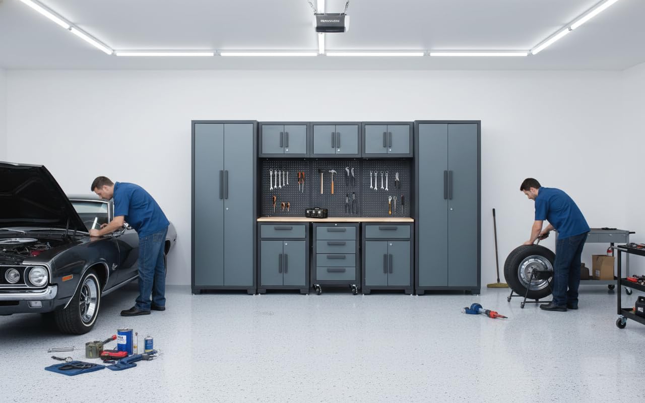 Tsnritor Garage Storage Cabinet System, 9PCS Tool Chest Workbench Storage System in Black, Included Steel Cabinets Drawers Rolling Chest and Pegboard,Locked Garage Storage Cabinet,Grey Handle