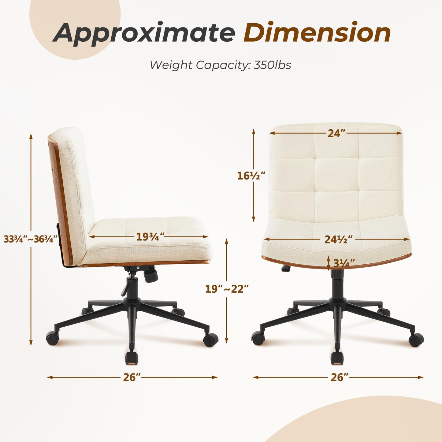 Furnimart Heavy-Duty FSC Wooden Wide Desk Chair, 360° Swivel Criss Cross Office Chair with Wheels, Comfy Cross Legged Sitting, Armless Rolling Chair for Bedroom, Office, Vanity (Linen Beige)