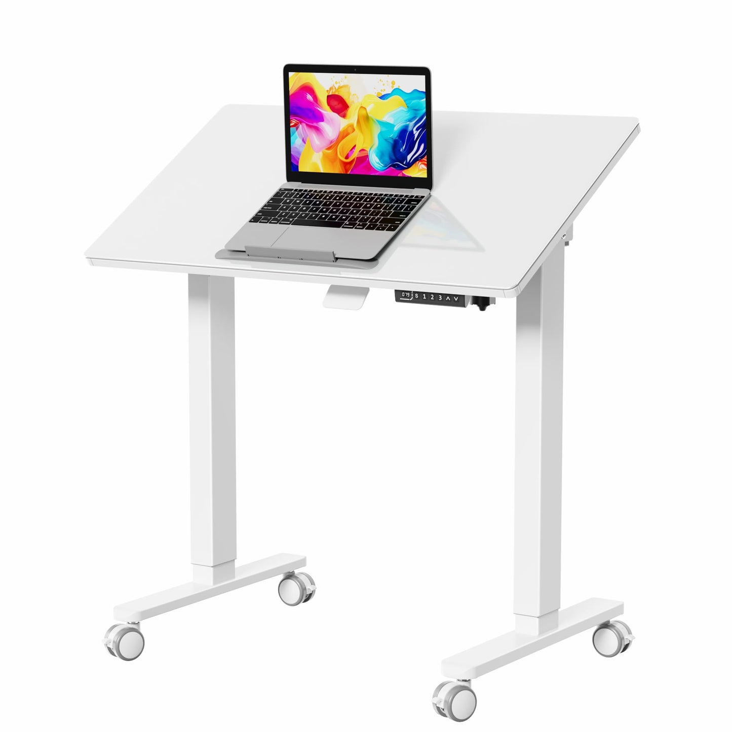 Liftsync 35inch Glass Standing Desk，90° Tiltable Mobile Rising Desk Height Adjustable，Whole Piece Rolling Drafting/DrawingTable with Wheels，Foldable Small Laptop Art Desk，White