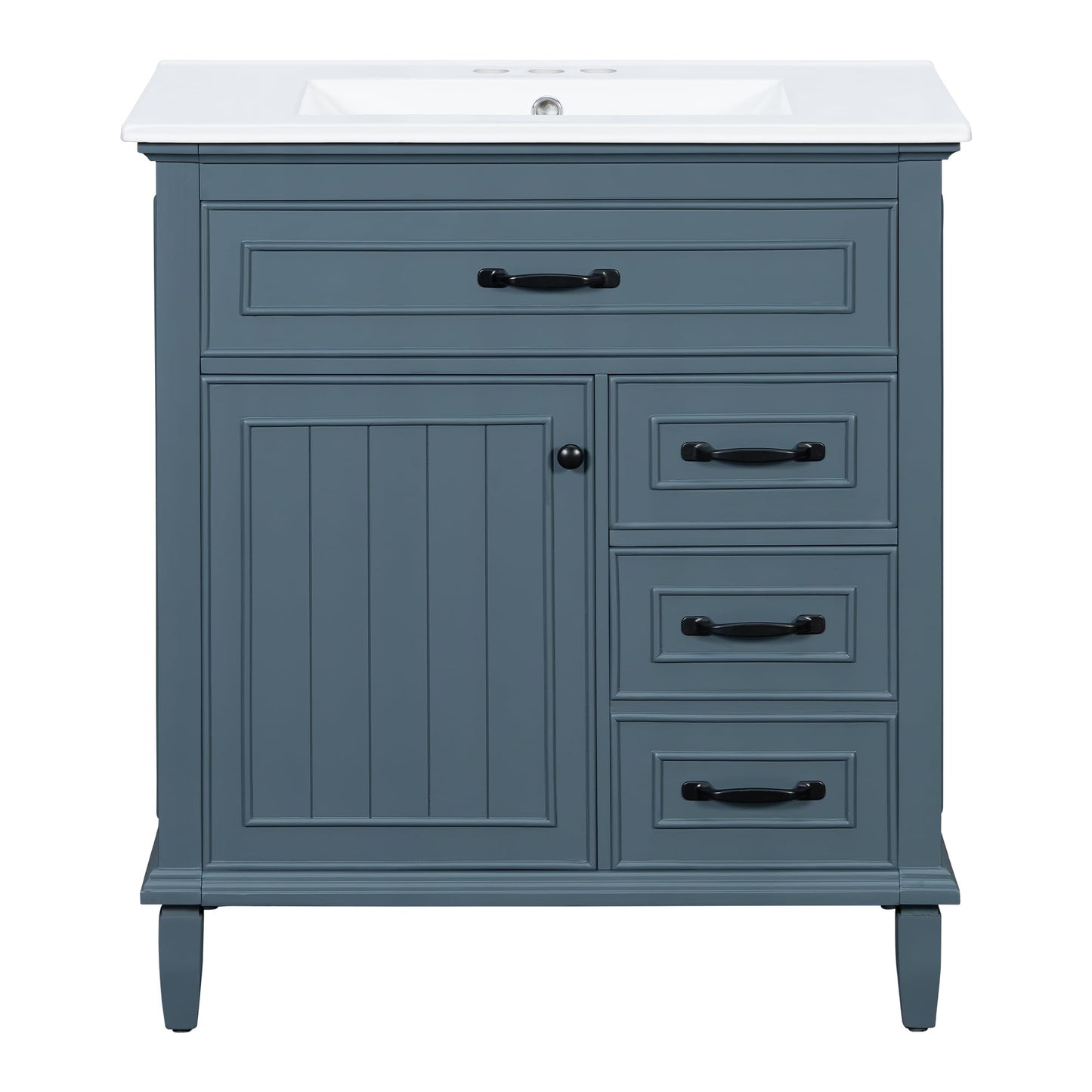 Bathroom Vanity with Ceramic Sink Top Set 30inch, Cabinet with Two Tip-Out Drawers and Door Rack, Adjustable Shelf, Solid Wood Legs, Soft-Closing Door, Gray Blue