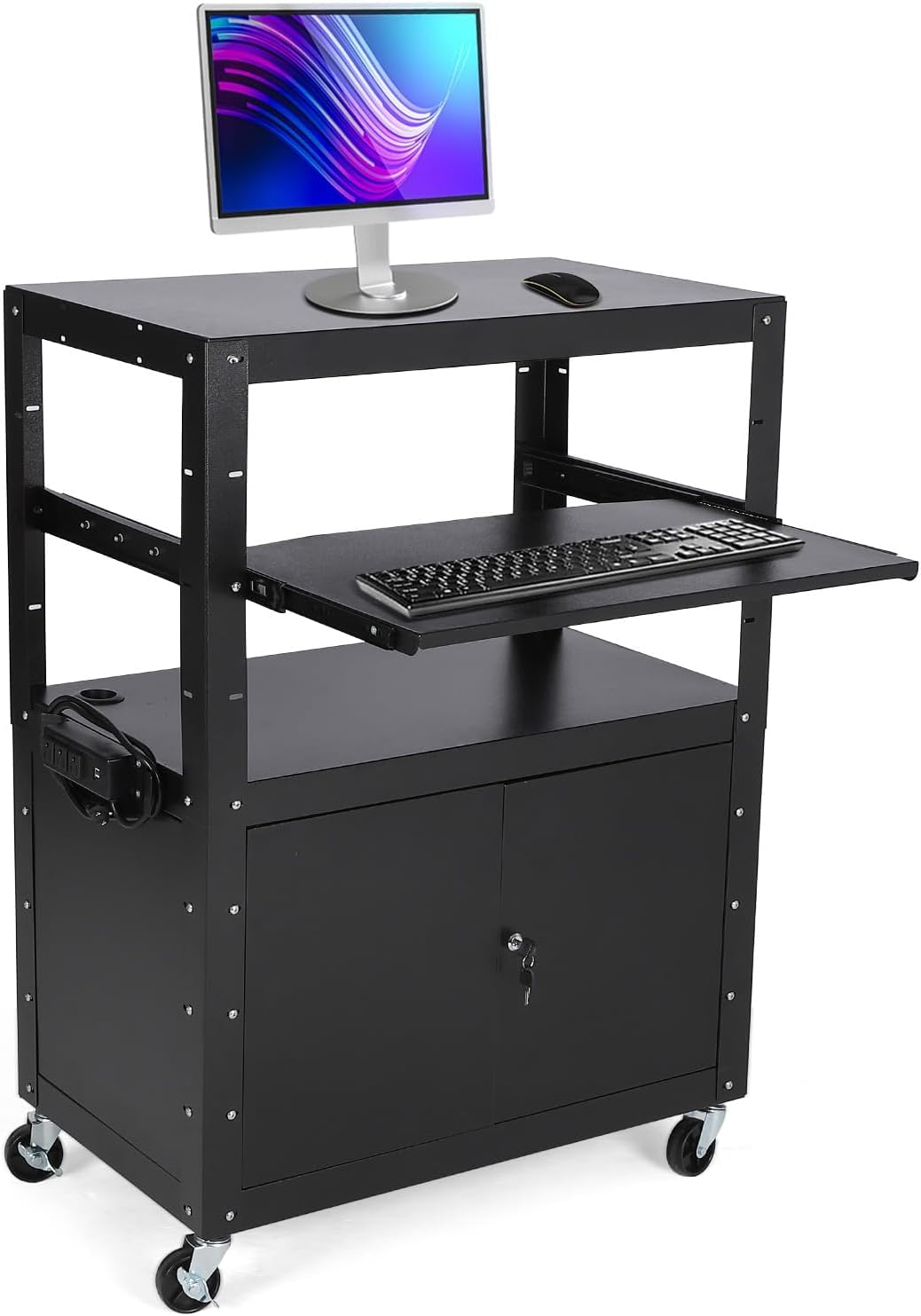 GAOMON Rolling AV Cart with Locking Cabinet, Laptop Stand, and Drop Leaves, Height Adjustable Mobile Utility Cart Workstation with Extra Storage Space, Power Strip