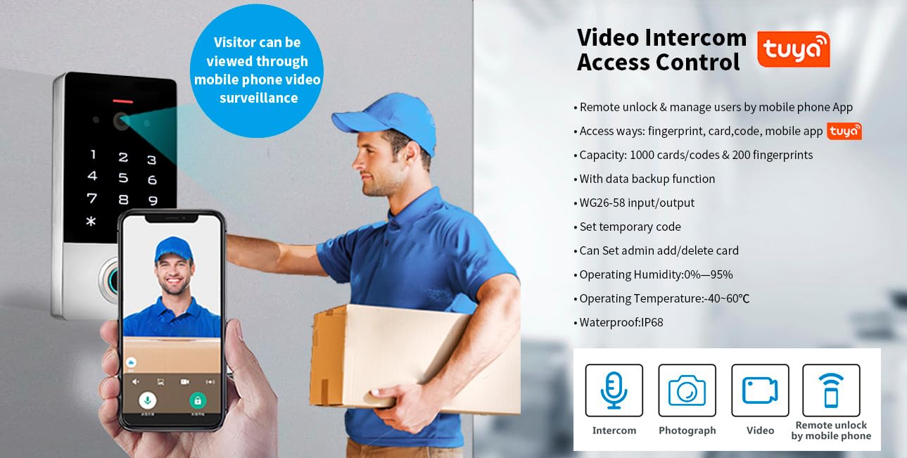 Smart Door Access Control System with Tuya APP Remote Video Intercom & Monitoring, Built-in Camera, 1200lbs Magnetic Lock, IP68 Metal Keypad, Fingerprint/Password/ID Card Unlock