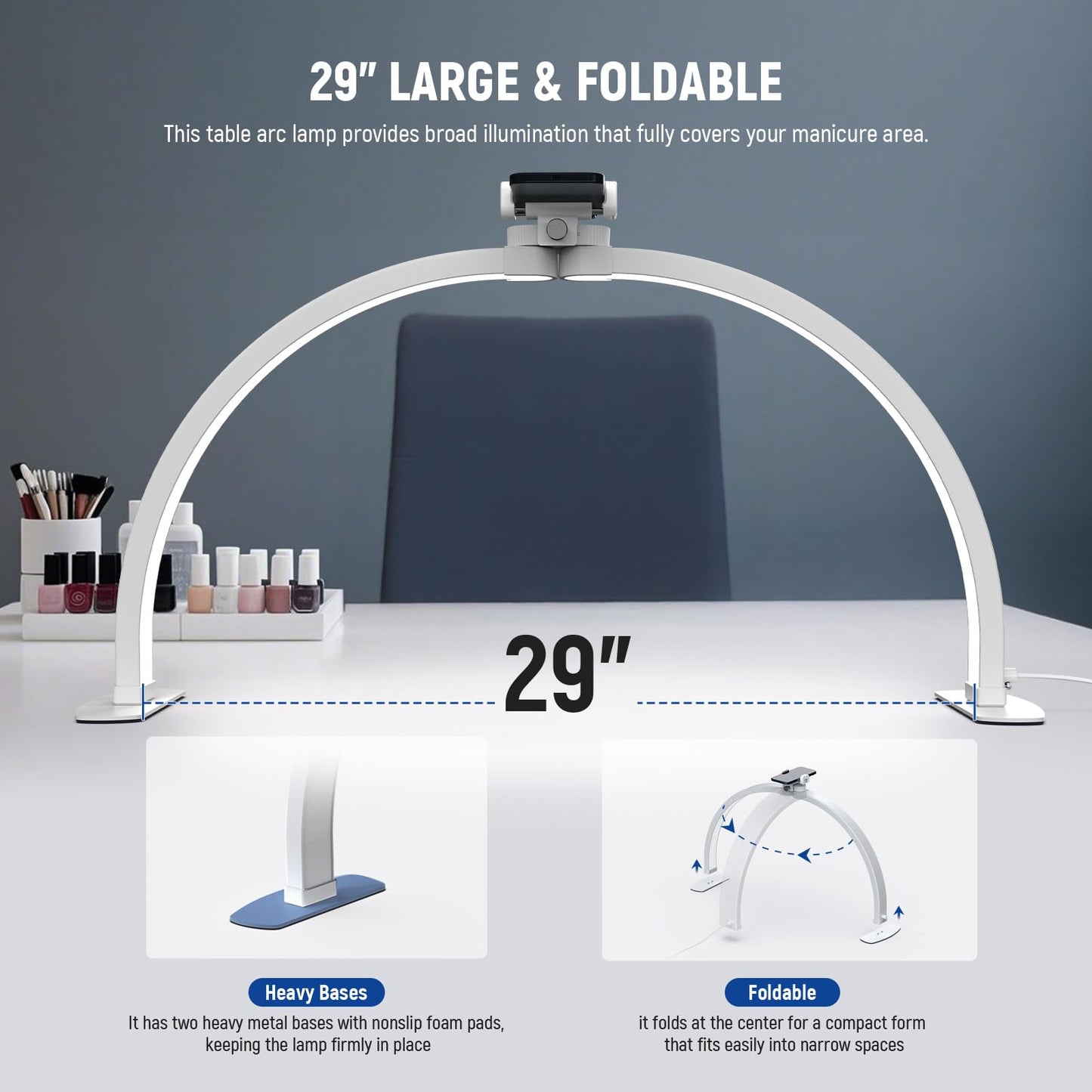 NEEWER 29in Half Moon Nail Light, 36W Foldable Arc Lamp with Phone Holder, Model HM02-D, White
