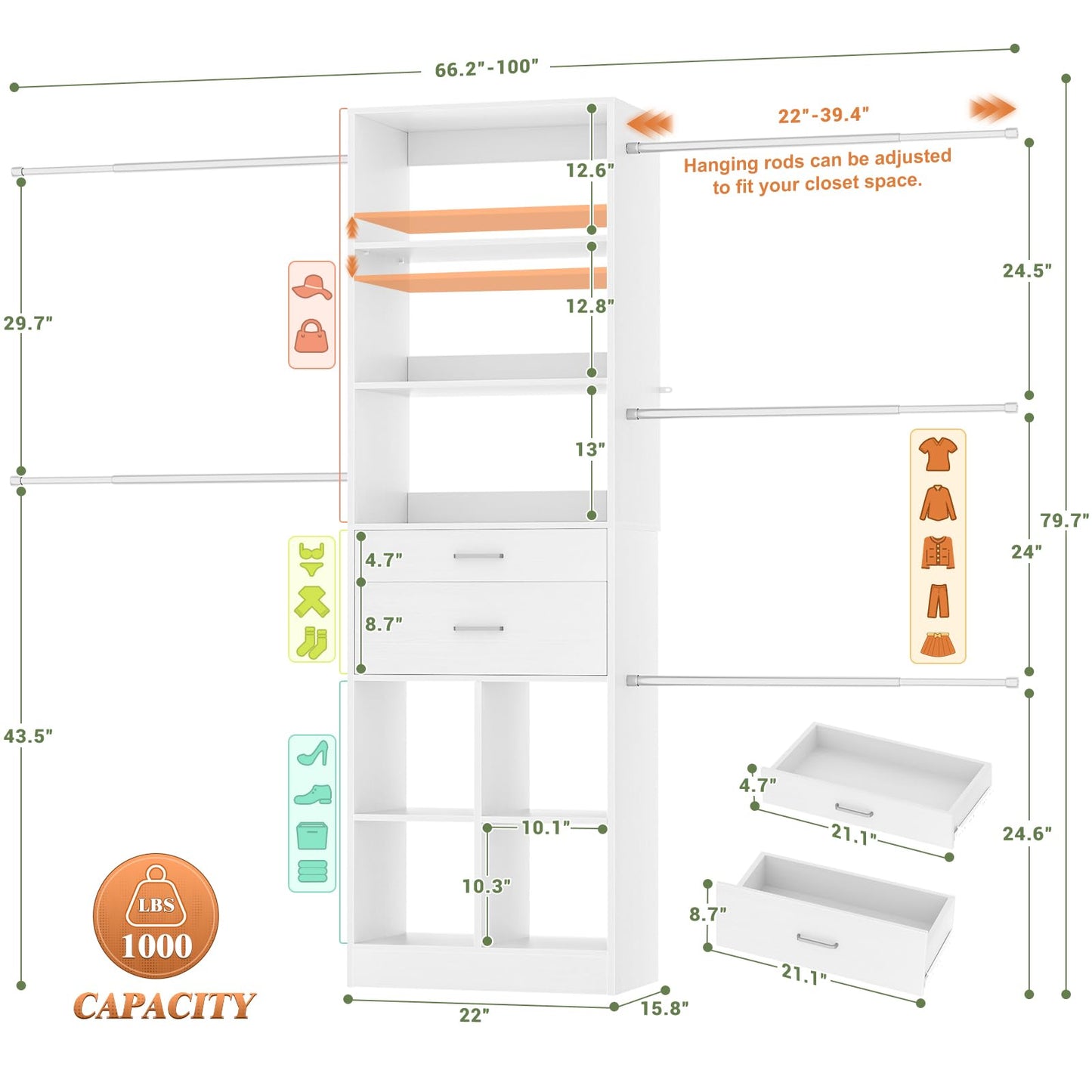 Besiost Closet System, 4-8 FT Closet Organizer Tower with 2 Wooden Drawers and 5 Hanging Rods, Can Fit 60 to 96 inch Walk-in Closet System, White