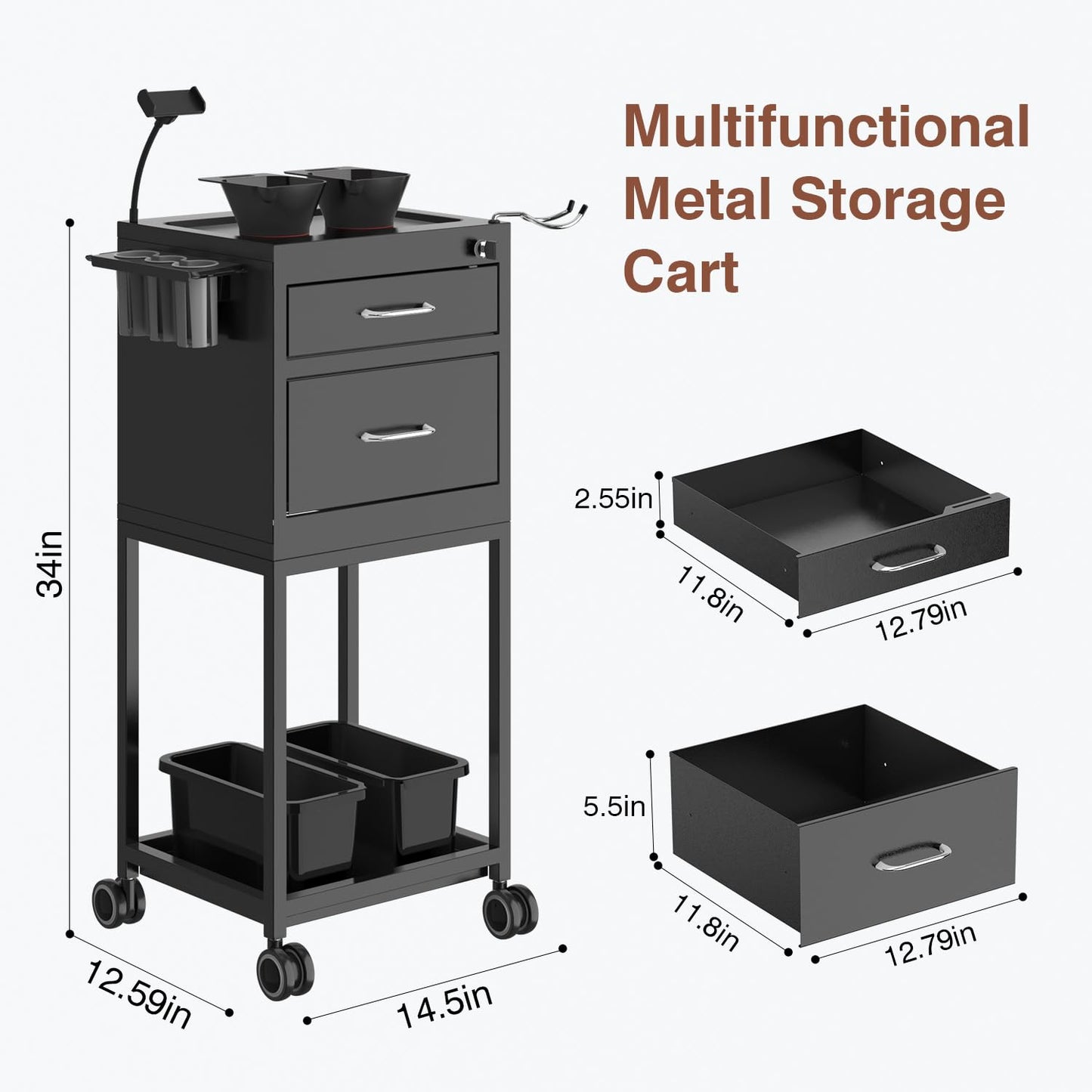 SalonDepot Salon Cart Lockable Metal Storage Trolley with Wheels Sturdy Rolling Work Station, High End Tool Organizer with 2 Magnetic Bowls for Hair Stylist, Tattoo, and Barber