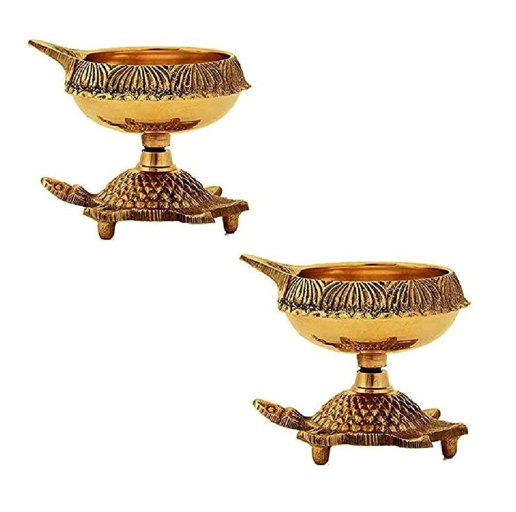 Craftsman 2 Pc Brass Turtle Diya - Traditional Oil Lamp for Diwali D?or, Gold, Durable Design, Model METALDIYA0013