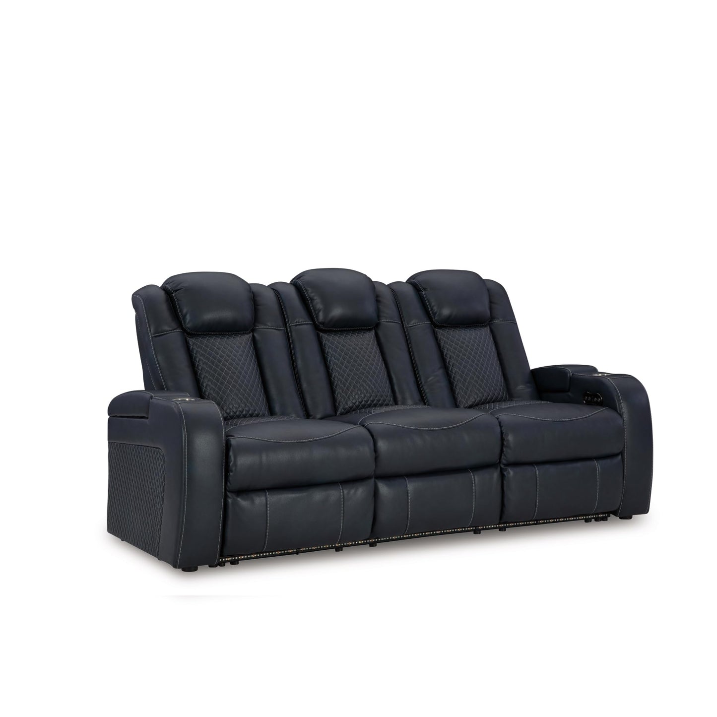 Signature Design by Ashley Fyne-Dyme Power Reclining Sofa with USB Ports and Adjustable Headrest, Drop Down Table, Faux Leather, 21" Seat Height, Blue