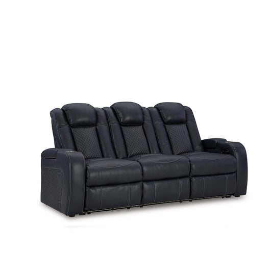Signature Design by Ashley Fyne-Dyme Power Reclining Sofa with USB Ports and Adjustable Headrest, Drop Down Table, Faux Leather, 21" Seat Height, Blue