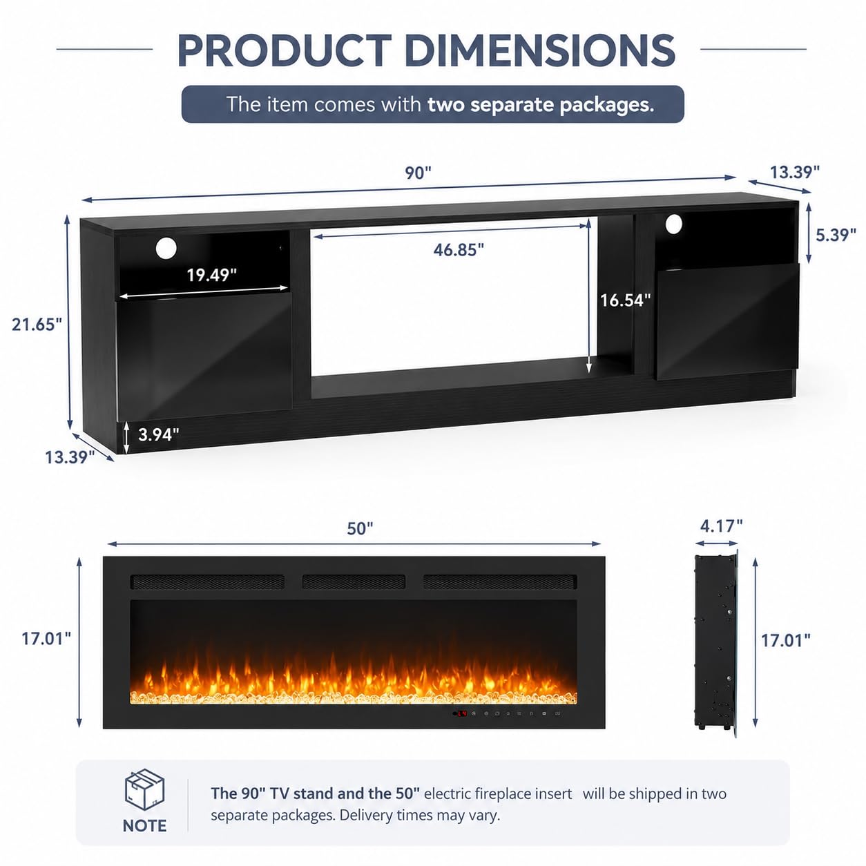 OneBlis 90" Fireplace TV Stand for TVs Up to 100",Entertainment Center with 50” Electric Fireplace and 12 Colors LED Lights,Large TV Console with Storage Cabinet for Living Room,All Black