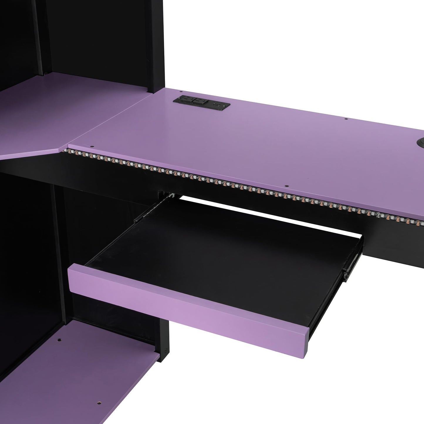 Merax Full Size Loft Bed with Desk and Storage Shelves, Gaming Loft Bed Frame with USB Charging Station and Curtains, Space Saving Loft Bed for Teens Bedroom, Purple + Black
