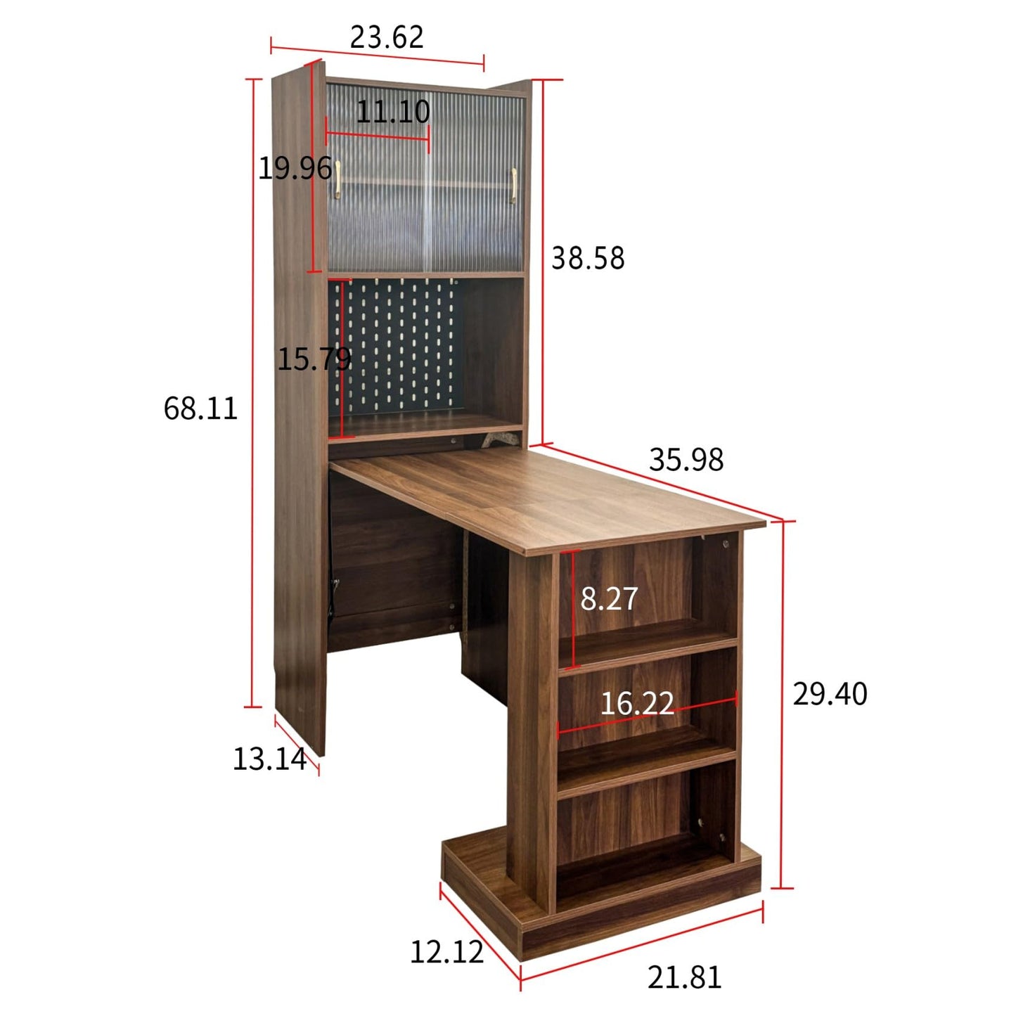 KEIKI Folding Home Office Desks with Pegboard, Glass Doors, Bookshelf & Storage Shelves, Modern Wooden Computer Table Workstation for Work, Study, Writing