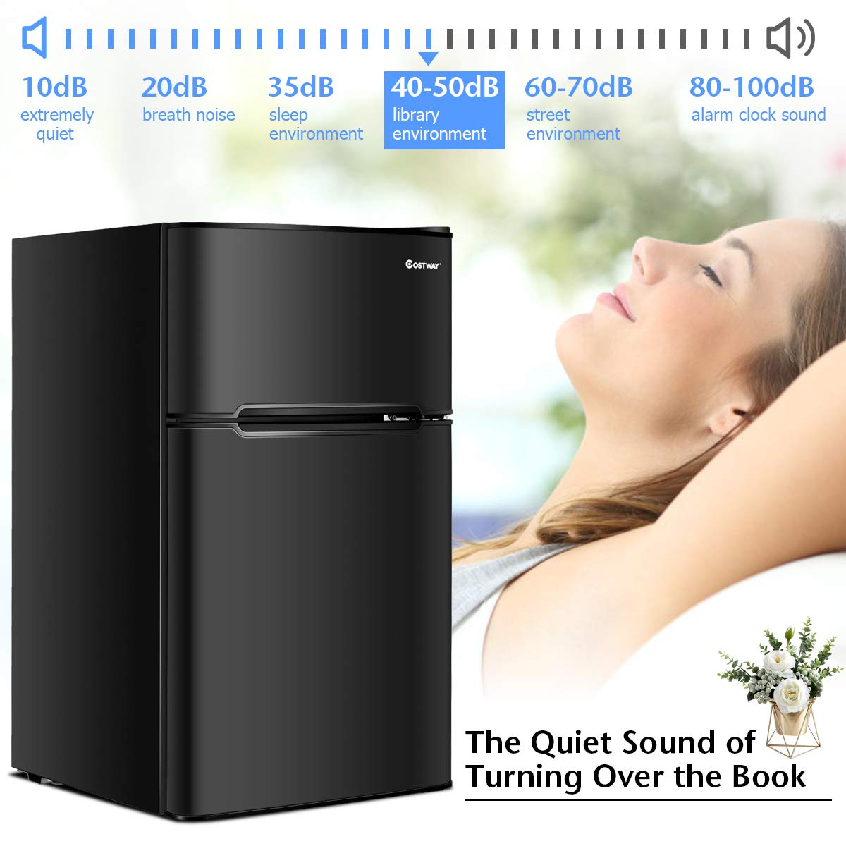 COSTWAY Mini Fridge with Freezer, 3.2 Cu.ft. 2-Door Mini Freezer Cooler Fridge w/Reversible Door, Removable Glass Shelves, Mechanical Control, Small Refrigerator for Bedroom, Dorm, Office (Black)