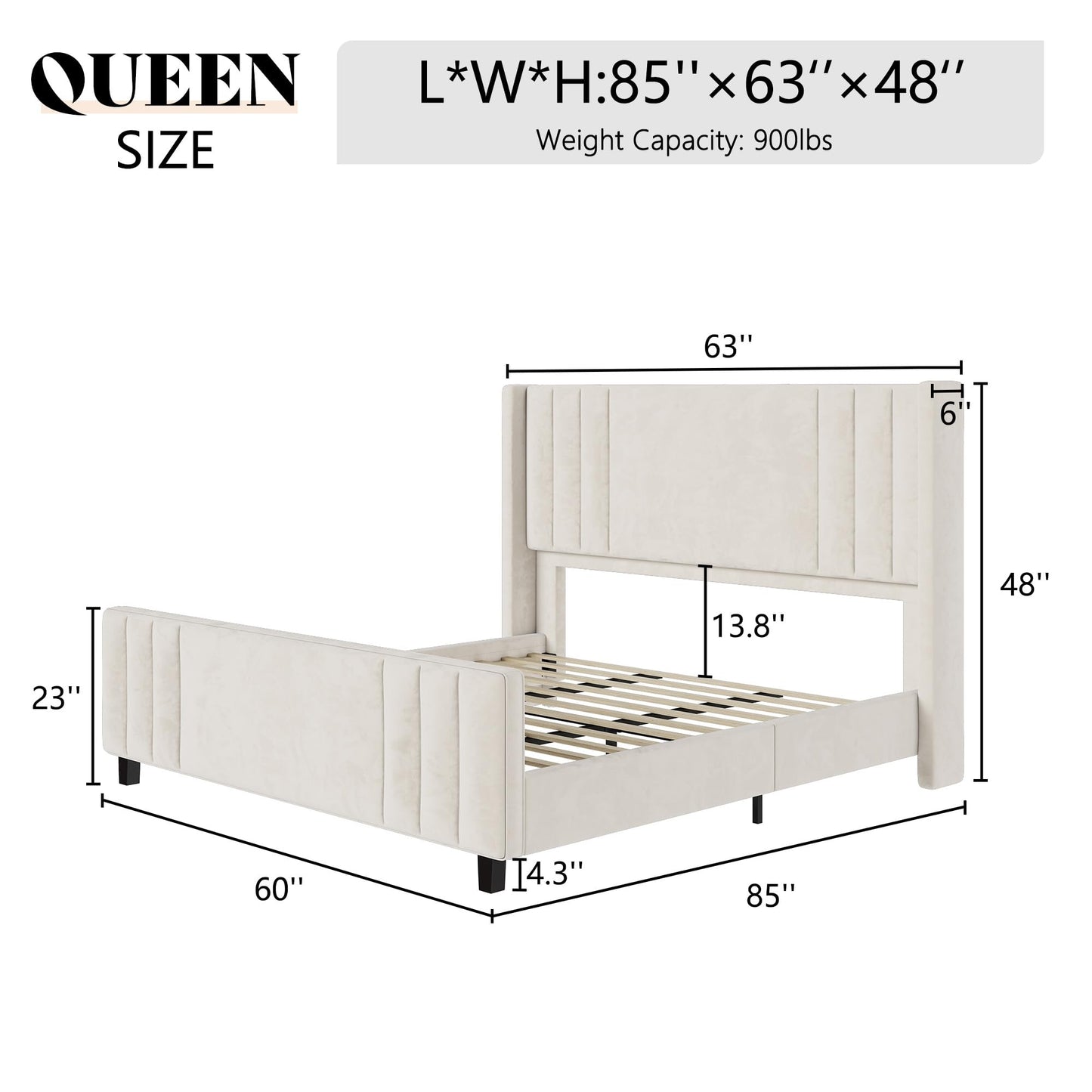 AMERLIFE Queen Size Bed Frame, Velvet Upholstered Platform Bed with Vertical Channel Tufted Headboard & Footboard/Wingback, Mattress Foundation with Wood Slats, No Box Spring Needed, Cream