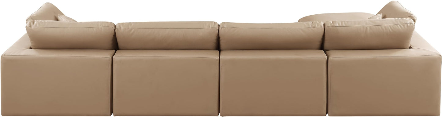 Meridian Furniture 188Tan-Sec5A Comfy Collection Modern | Contemporary Upholstered Modular Sectional, Soft Tan Vegan Leather, Fiber-Filled, 158" W x 79" D x 34.5" H, Tan