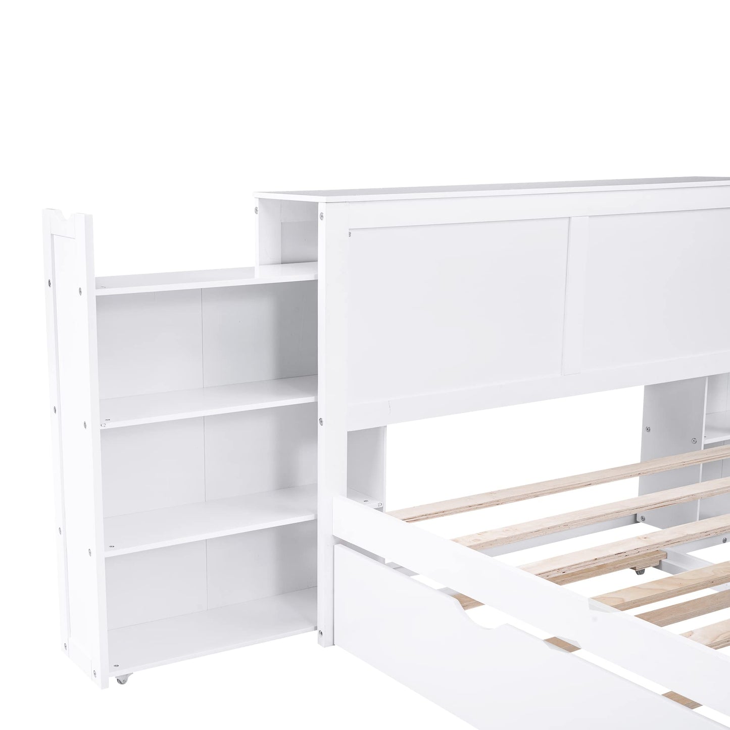 Merax Full Size Storage Platform Bed with Pull Out Shelves and Twin Size Trundle, Wooden Bed Frame with Storage Headboard for Bedroom, No Box Spring Needed