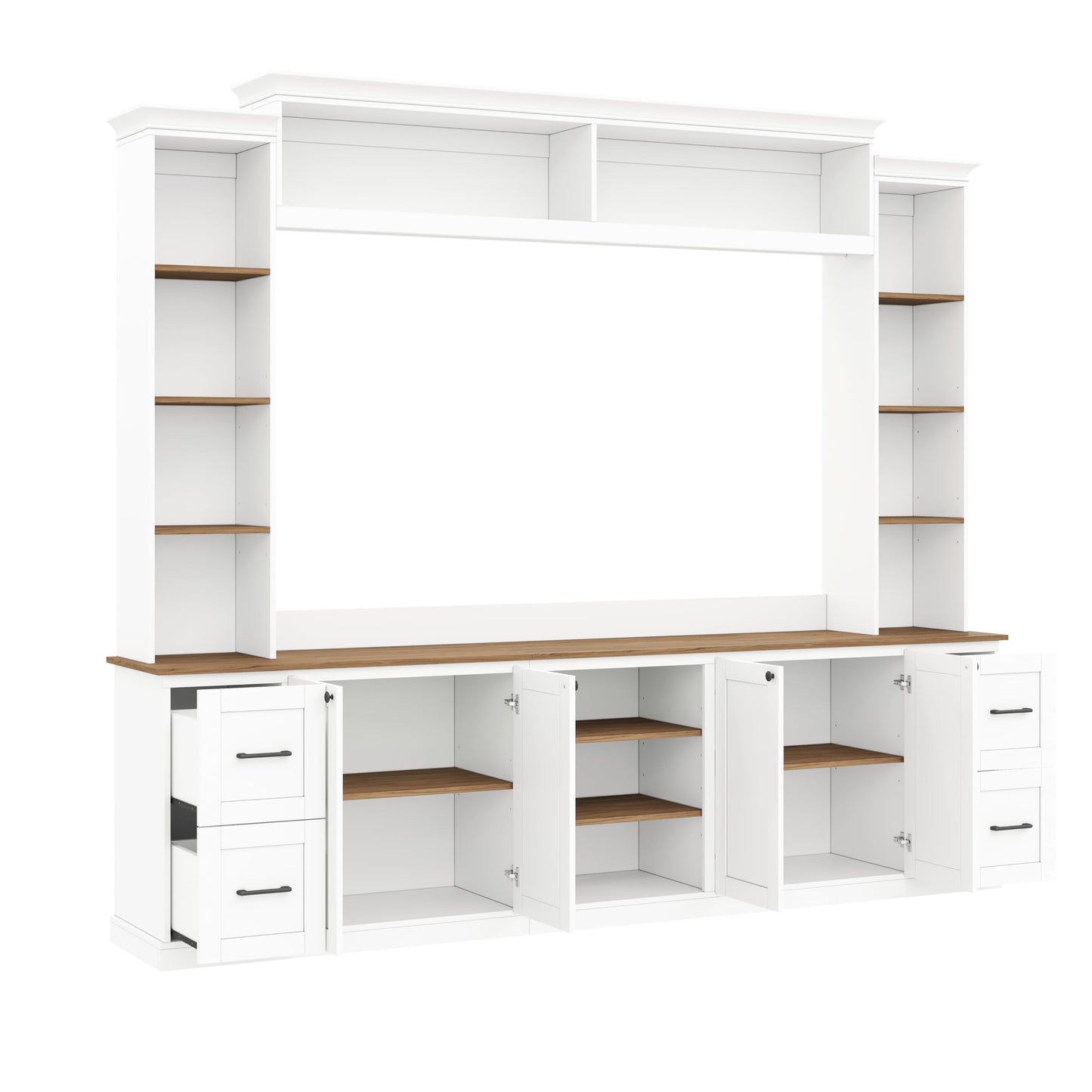 Merax 4-in-1 Wall Unit Entertainment Center with Bookshelf for TVs Up to 70", Farmhouse Large TV Stand with Walnut Adjustable Shelves, Elegant Retro Media Console with Drawers for Living Room, White