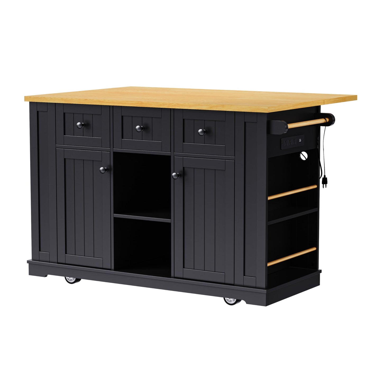 Merax 53" Large Kitchen Cart Storage Island on 5 Wheels with Drop Leaf,Power Outlet,Internal Rack for Kitchen Dining Room