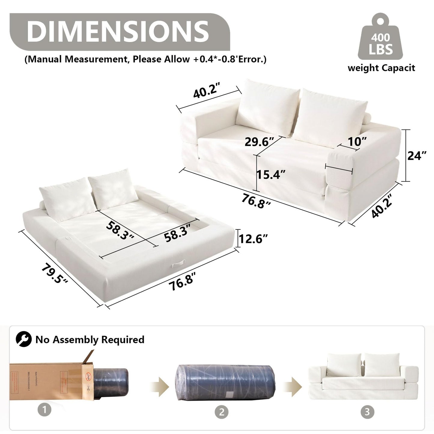 WHGBJA Oversized 79” Double Chaise Lounge Sofa Bed, Deep Seat Corduroy Cloud Loveseat Chair, No Assembly, Plush Upholstered Sleeper for Living Room or Bedroom (White)