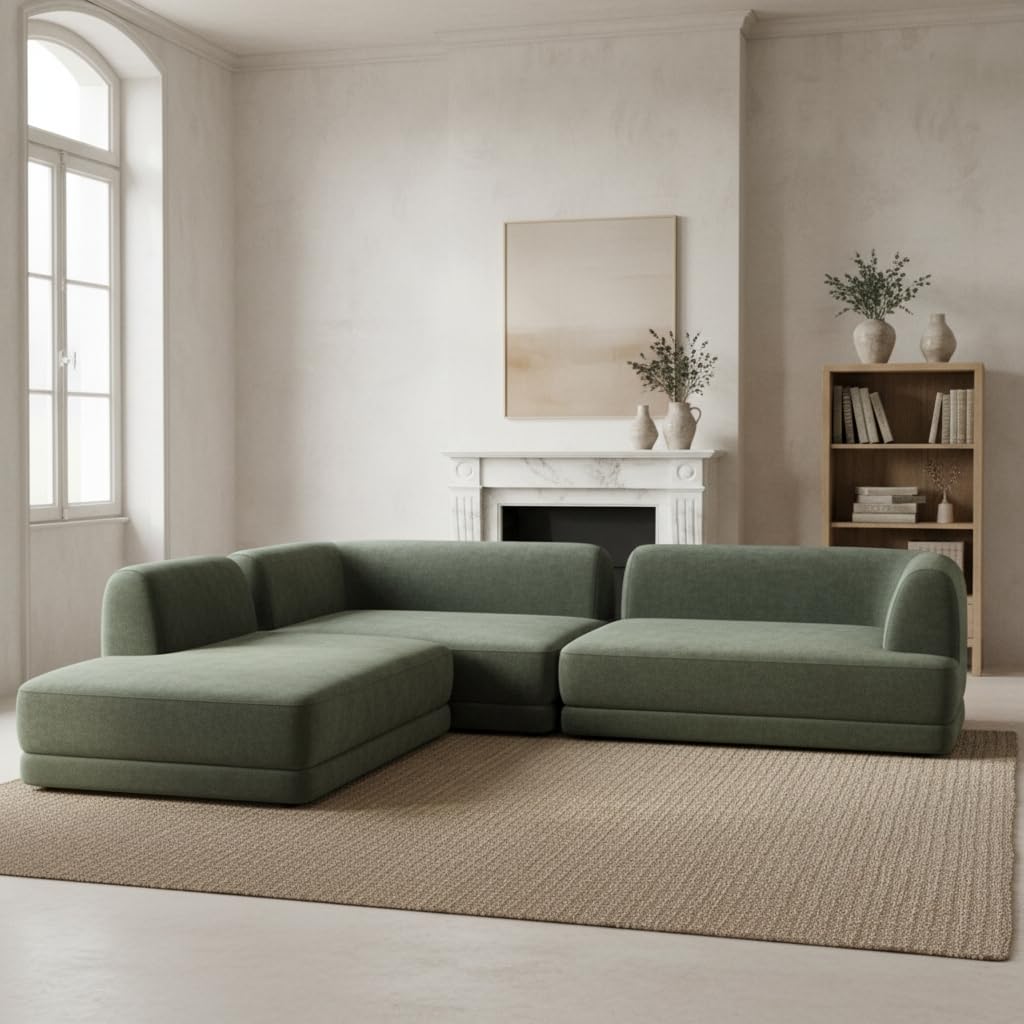 Merax 115" Modern L-Shaped Sectional Sofa with High-Density Fully Compressed Sponge and Chaise Lounge, Deep Seating 3-Piece Set, Fully Assembled Right Hand Facing for Living Room, Lounge, Green