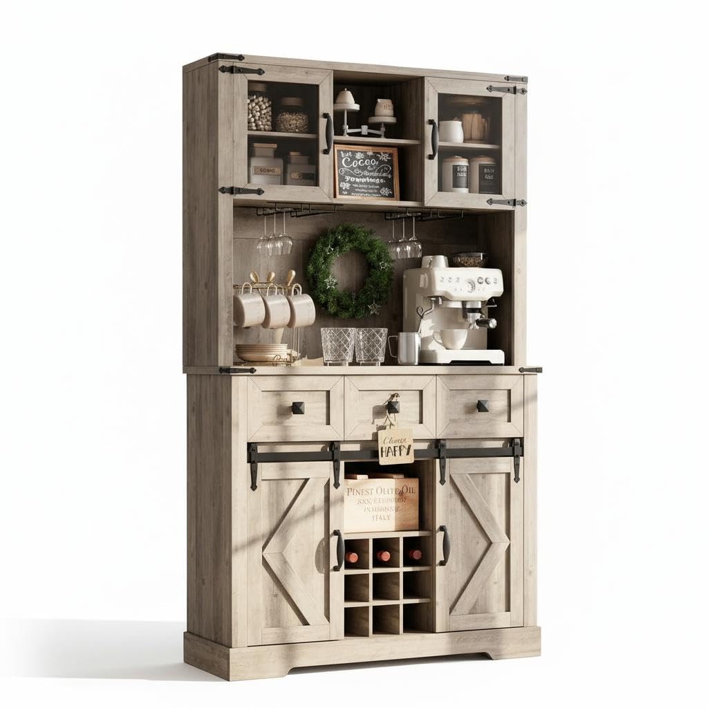 MegaChoice 72" Farmhouse Bar Cabinet with Sliding Barn Door, Tall Kitchen Buffet with Storage Hutch and 3 Drawer, Wine & Glasses Rack, Rustic Coffee Wine Bar Sideboard for Living Room