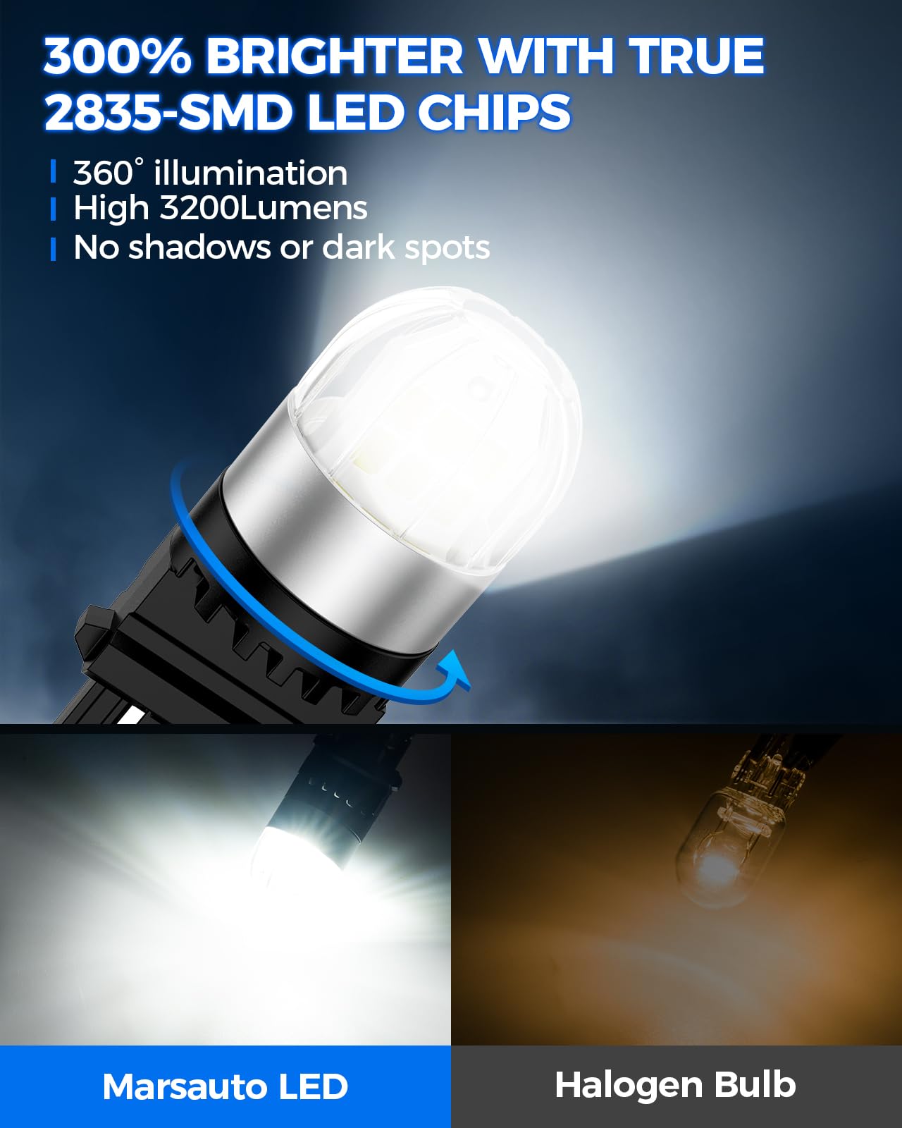 Marsauto LED Bulbs, 6000K White, 300% Brighter, 3156/3157, Aluminum, Pack of 2