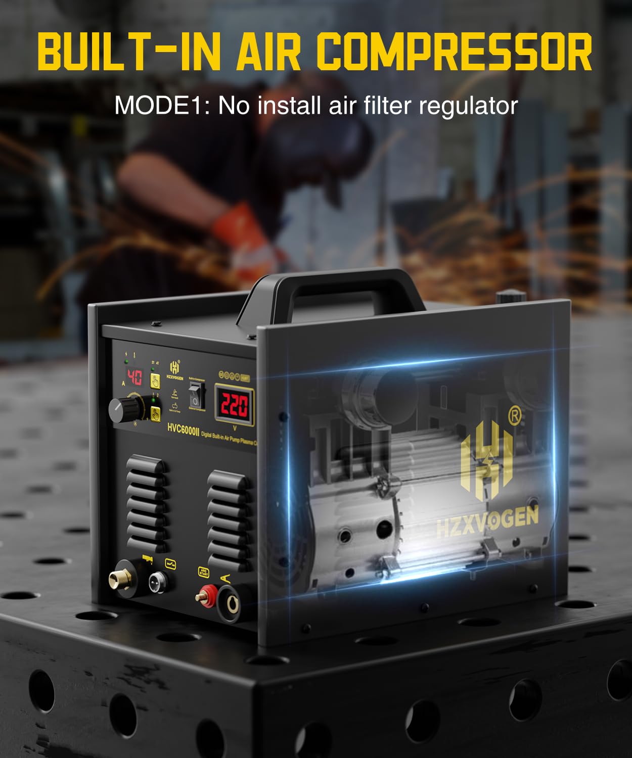 H HZXVOGEN Plasma Cutter with Built in Air Compressor, 50A Pilot Arc Plasma Cutter, 220V High Frequency Air Plasma Cutting Machine DC Inverter IGBT with 2T/4T, Capable External Compressor(HVC6000Pro)