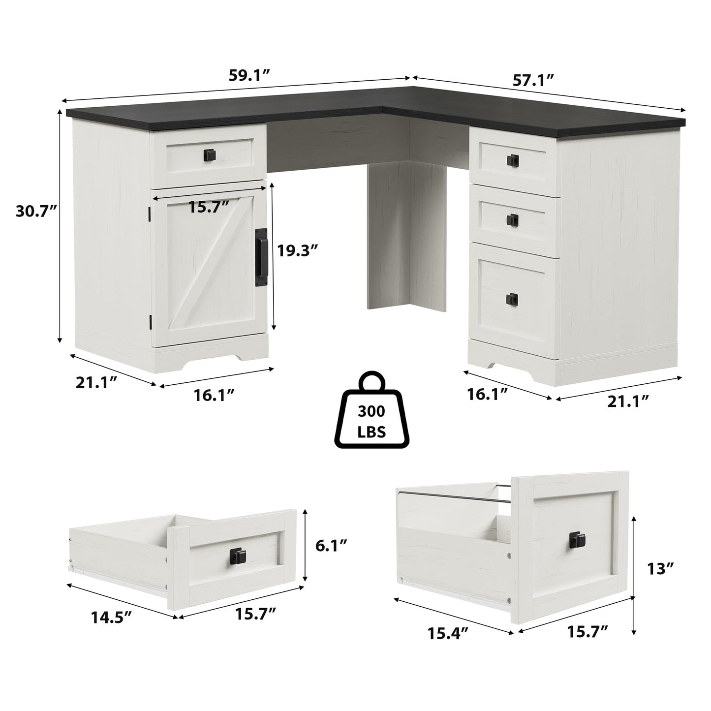 GarveeHome 60" Executive L Shaped Desk, Farmhouse Home Office Desk with File Drawers and Storage Cabinet, Corner Computer Desk with Adjustable Side Storage Cabinet (Black)