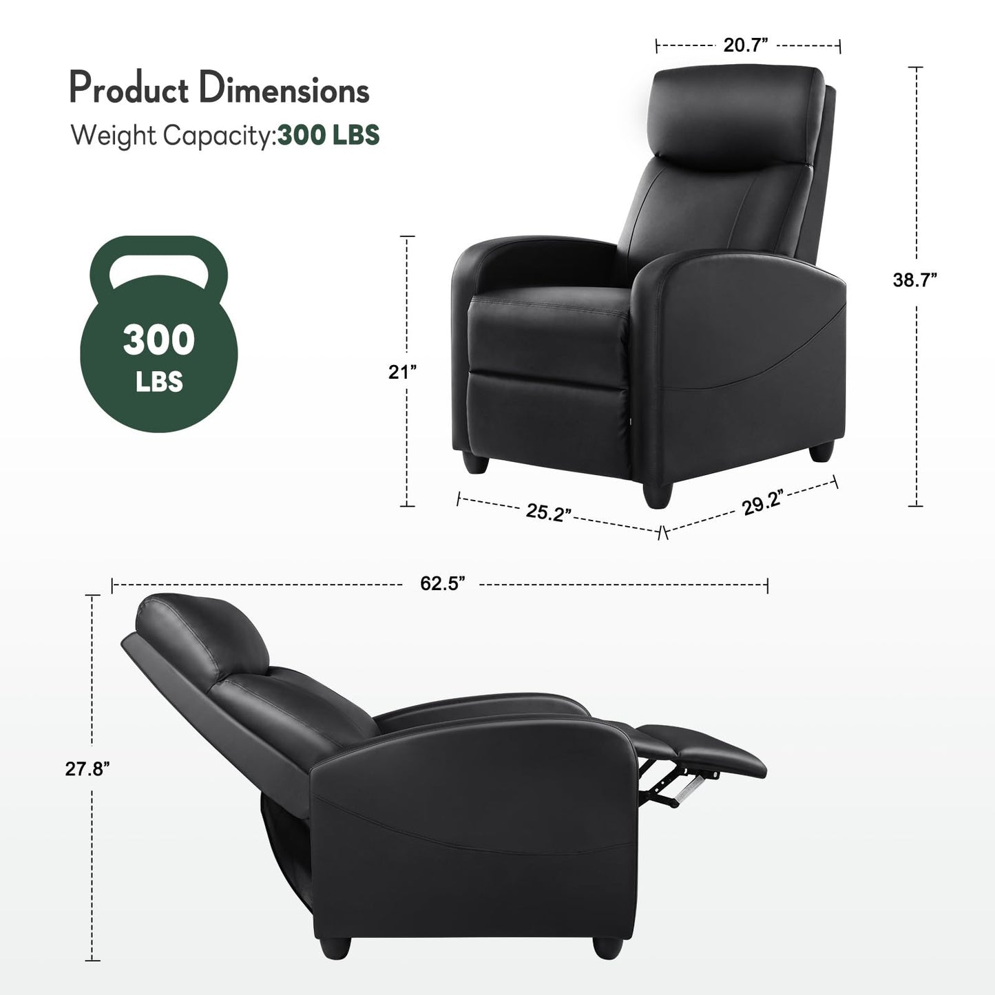 HAPPYMONT Recliner Chair, Recliner Sofa PU Leather for Adults, Recliners Home Theater Seating with Lumbar Support, Reclining Sofa Chair for Living Room, Black
