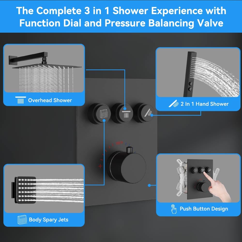 Shower System with Body Jets, STARBATH 12" Rain Shower with 2 in 1 Handheld and 4 Body Jets, Can Use All at Once, Push Button Thermostatic Valve and Trim Kit Complete Shower Faucets Sets, Matte Black