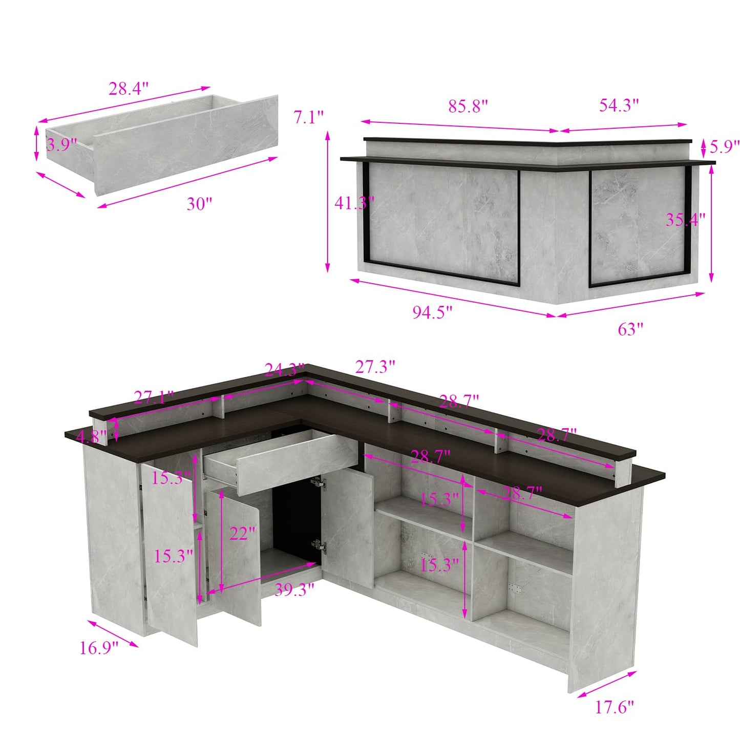 HOMSETTIE 94.5" W Reception Desk with Counter and LED Lights, Modern L-Shaped Front Desk with Drawer & Shelves, Checkout Counter for Reception Room, Retail, Salon, Bar
