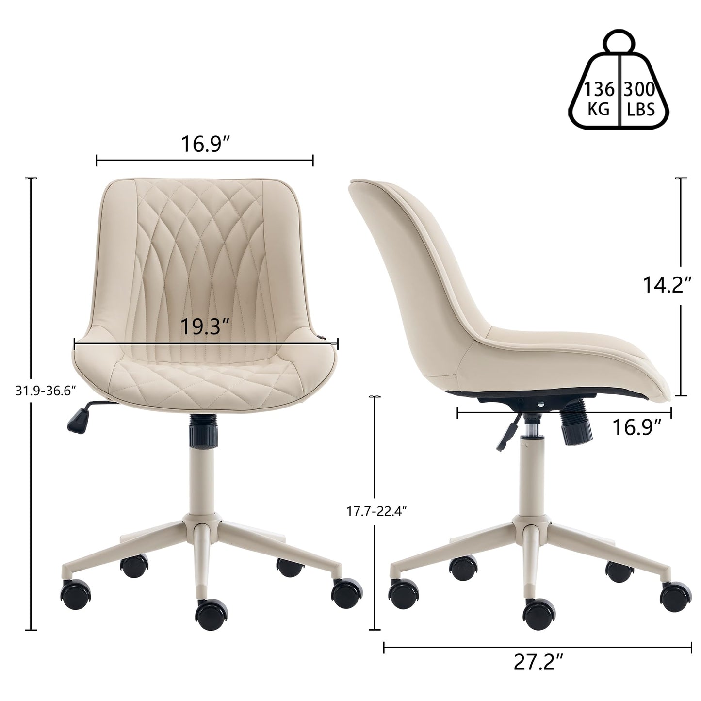 YOUNIKE Cream Faux Leather Ergonomic Office Chair Armless Comfy Desk Chair with Rocking Back Cute Swivel Vanity Chair with Wheels Height Adjustable Small Computer Task Chair for Sewing Drafting