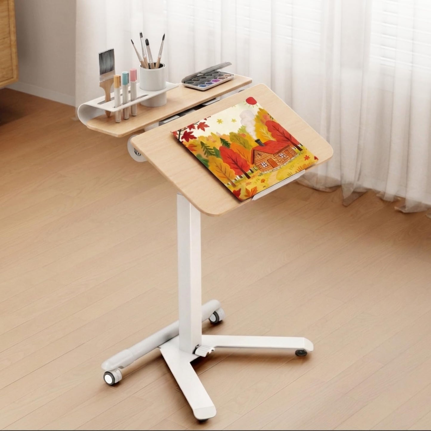 ROMOON Rolling Standing Desk with Wheels, Portable 24 inch Sit-Stand Laptop Cart with Tilt Top and Storage, Mobile Compact Workstation for Home Office and Small Spaces (Natural Oak)