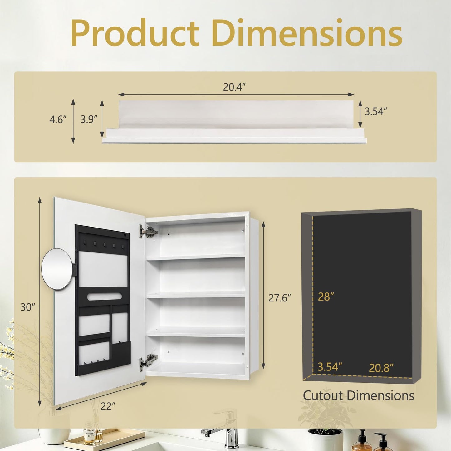 FUMANGO 22"x30" Metal Medicine Cabinet,Bathromm Mirror Cabinet with 2X Magnifying Mirror,Soft Closing Hinge,A Mirror Cabinet with a Bevel,Recessed or Surface Mount,White