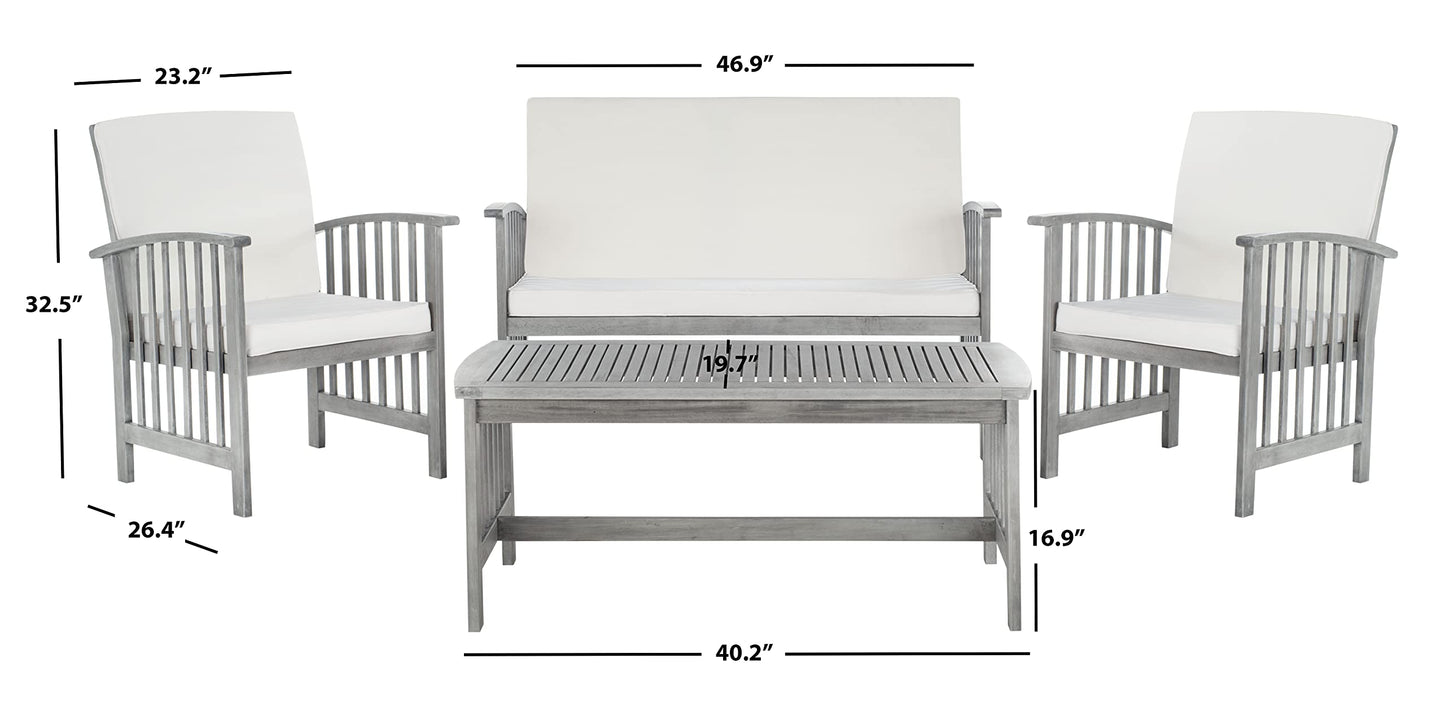 SAFAVIEH Outdoor Collection Rocklin Grey Wash/ Beige 4-Piece Conversation Patio Set with Cushions