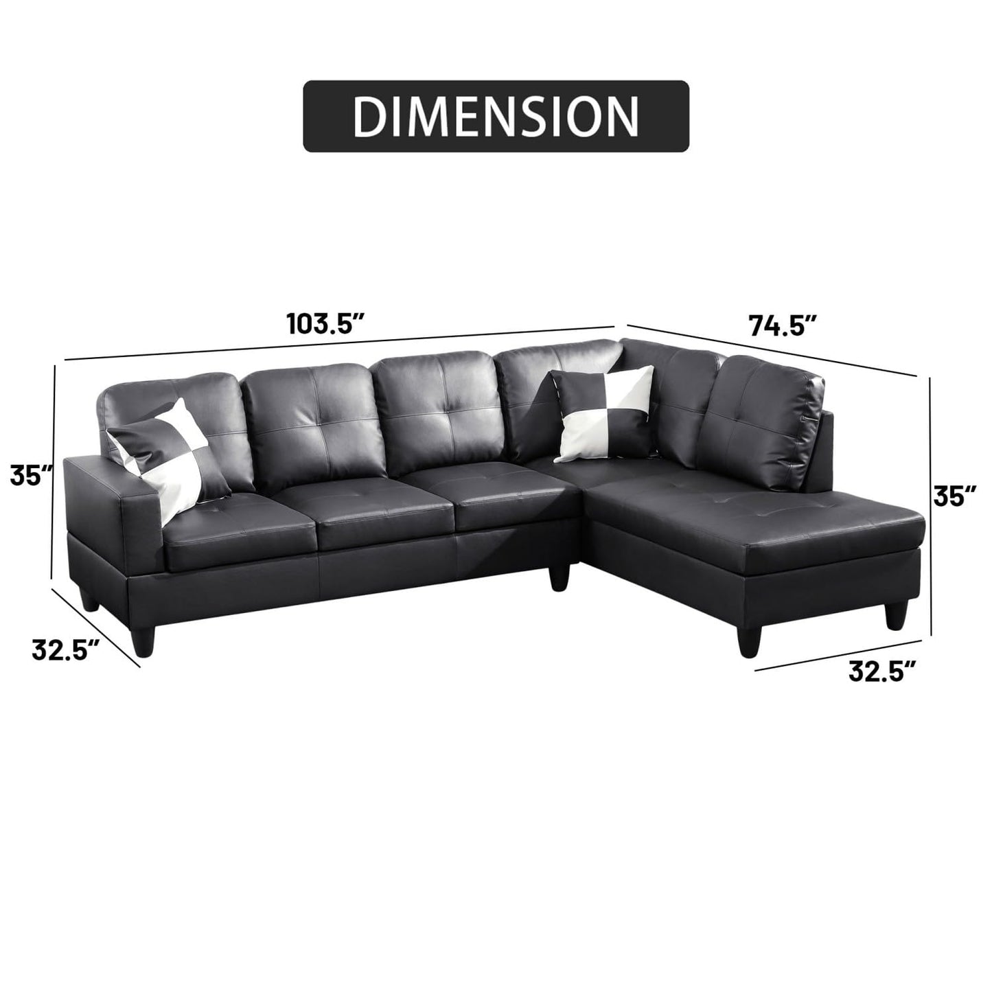 UOCFYK Sectional Sofa Couch with Right Chaise, Faux Leather L Shaped Couches for Living Room, Office, Apartments, Small Space, Black