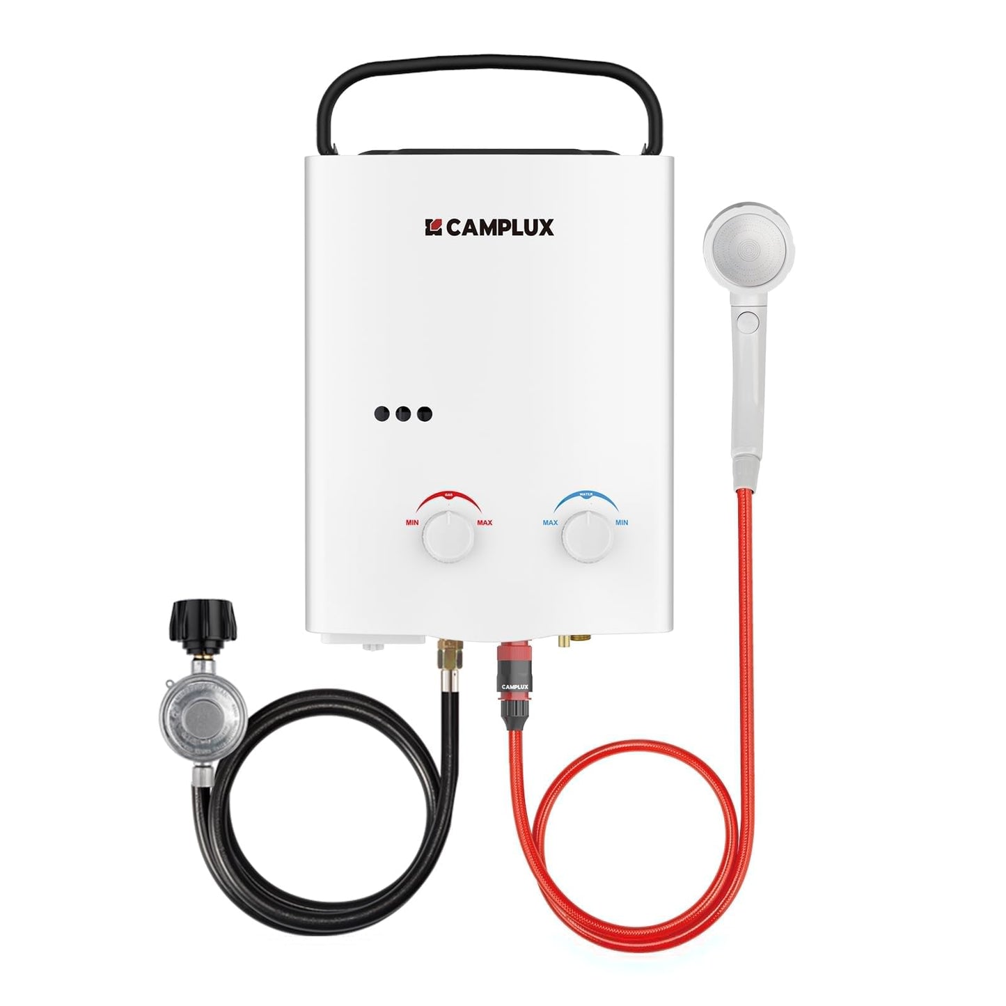 CAMPLUX 5L Portable Tankless Water Heater, 1.32 GPM Outdoor Propane Shower for Camping, RV, Off-Grid, Instant Hot Water with Folding Handle, Overheat Protection, Low Pressure Startup, AY132, White