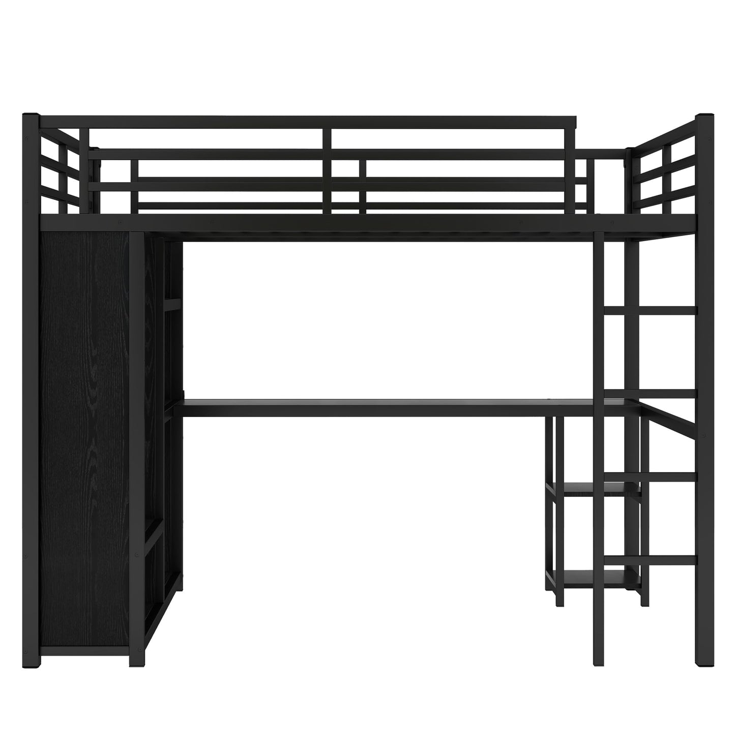Bellemave Metal Full Size Loft Bed with Desk and Wardrobe,Heavy Duty Loft Bed Frame with Storage Shelves for Kids,Teens,Adults, Space Saving,Black