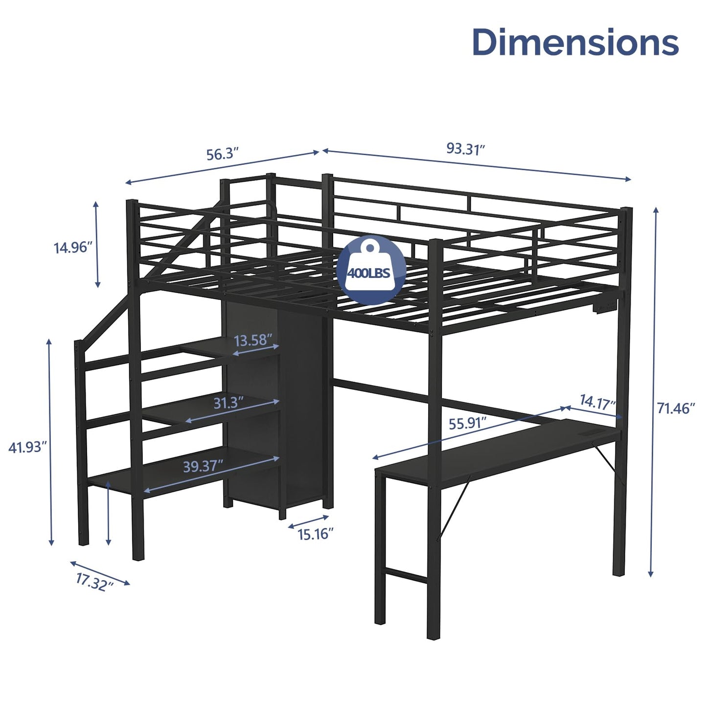 VINGLI Full Size Loft Bed with Desk and Storage Stairs, 15-inch Extra Tall Guardrail, Metal High Sleeper Bed with 2 Charging Stations and LED Lights, Space Saving Bed for Teens/Adults, Black