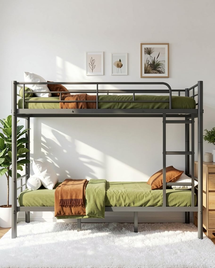 Mixcous Full Over Full Bunk Bed for Adults, Heavy Duty Metal Bunk Bed Frame, Convertible into 2 Full Beds, Noise-Free, Full-Length Guardrails & EVA Padded Ladder, No Box Spring Needed, Black