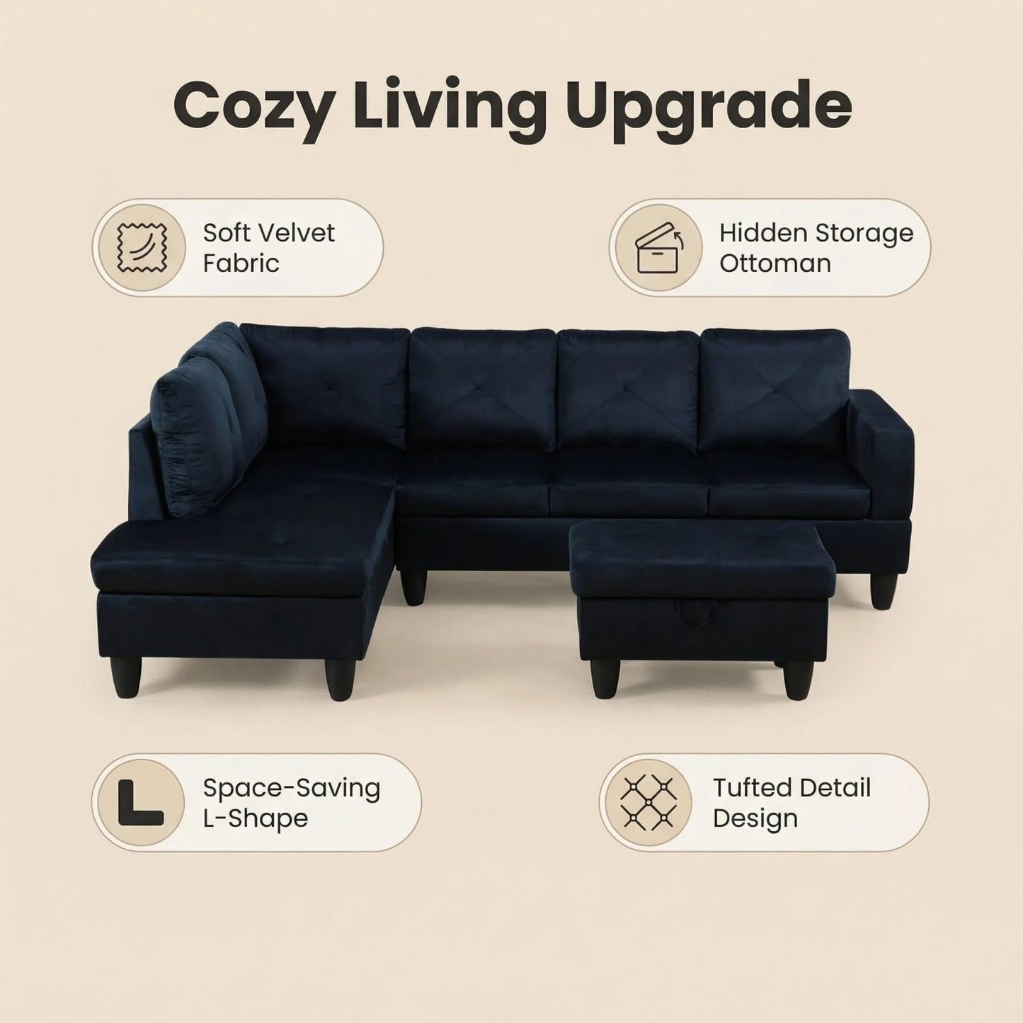 Trygoal Microfiber Sectional Couch, 97 inch L-Shape Sofa with Storage Ottoman, Modern 3-Piece Sofa Set, Contemporary Upholstered Couch Set with Solid Wood Frame for Apartment, Midnight Blue