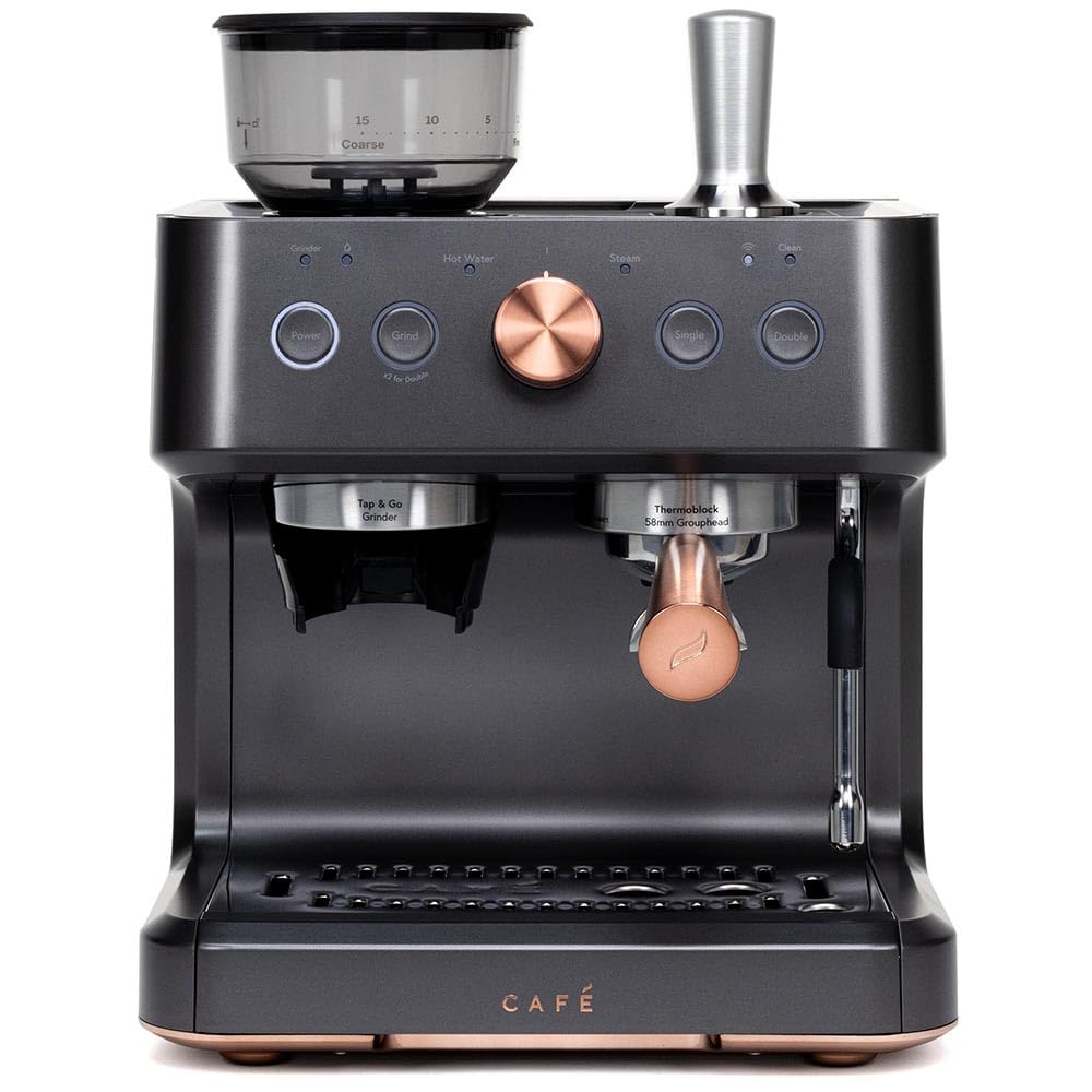 Café Bellissimo Semi Automatic Espresso Machine with Grinder & Milk Frother | Copper Accents | WiFi App Control | Large 95oz Tank | Matte Black