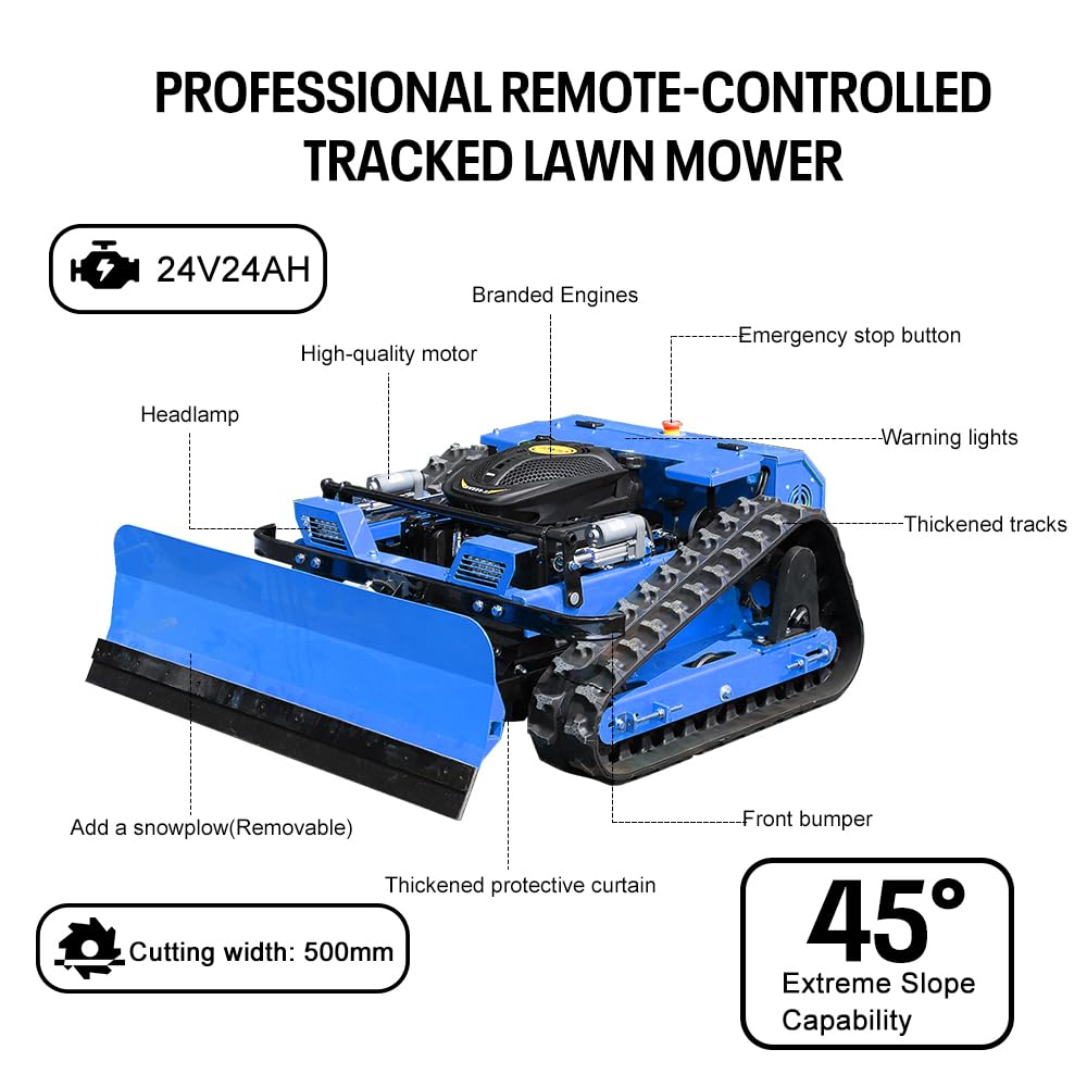 Infront Remote Control Lawn Mower with Snow Plow, Crawler Track All-Terrain System, Hybrid Oil-Electric Power for Steep Slopes and Large Lawns, Adjustable Cutting Height